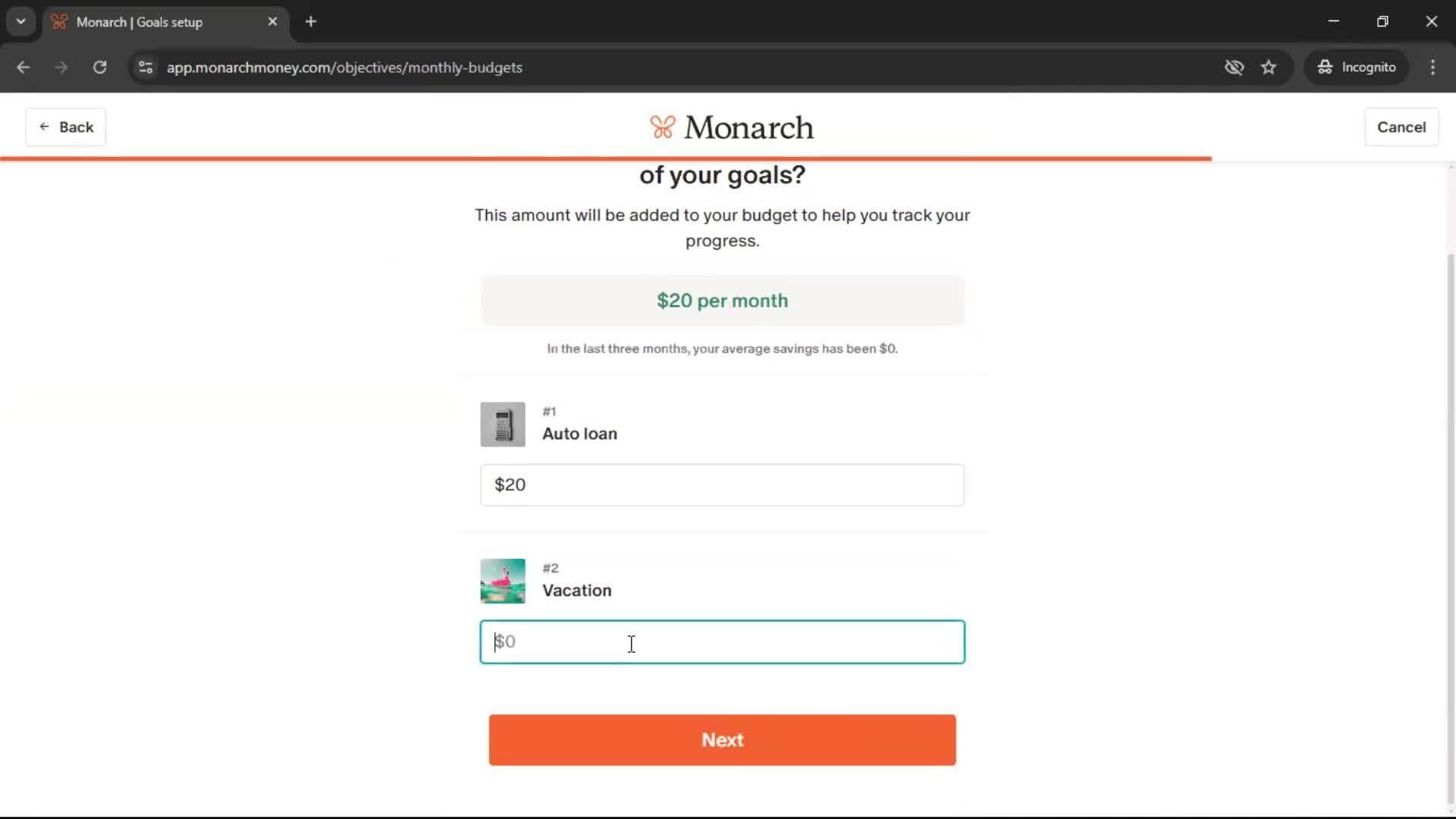 Setting goals screenshot
