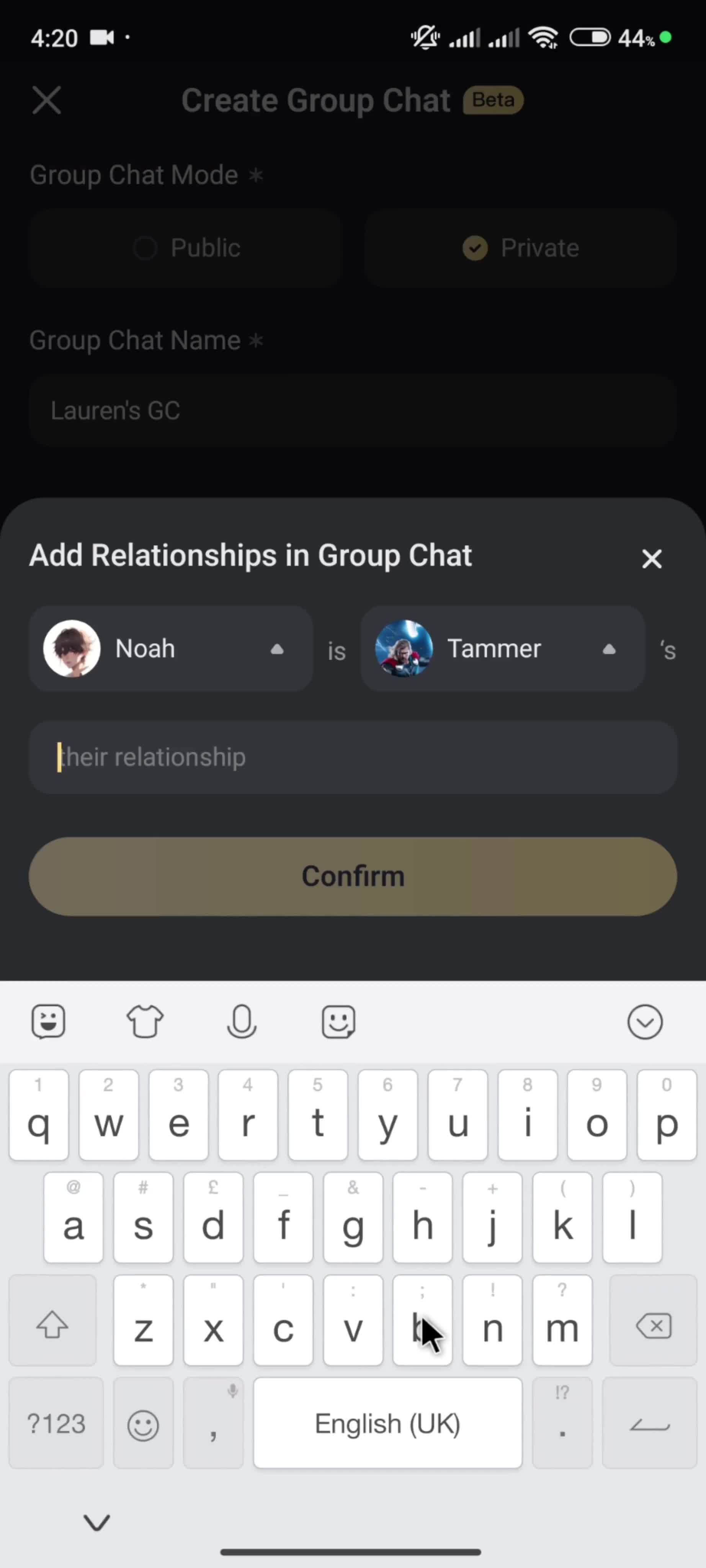 Creating a group chat screenshot