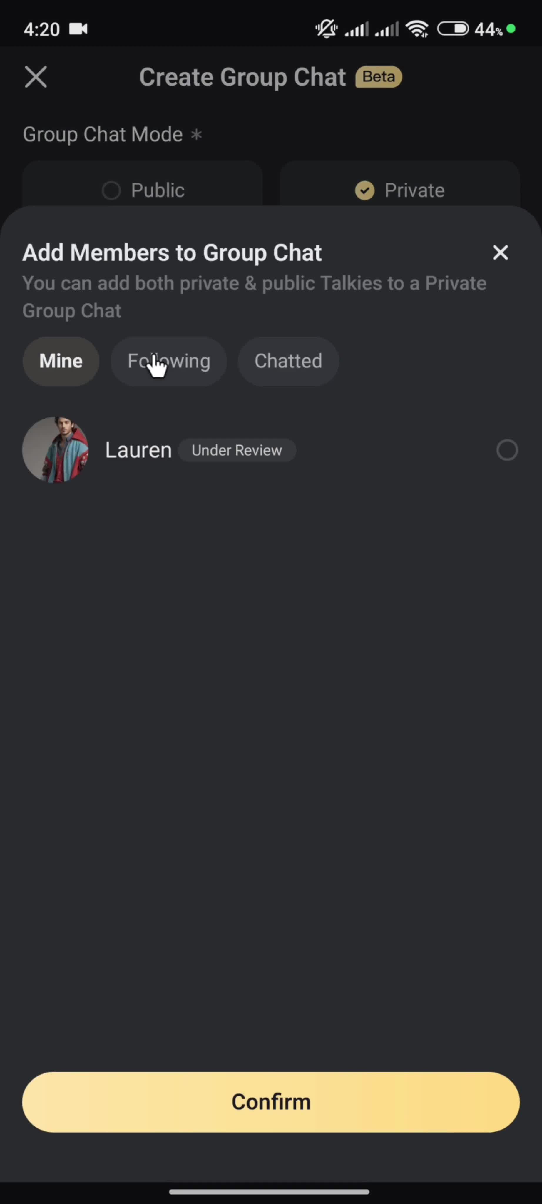 Creating a group chat screenshot