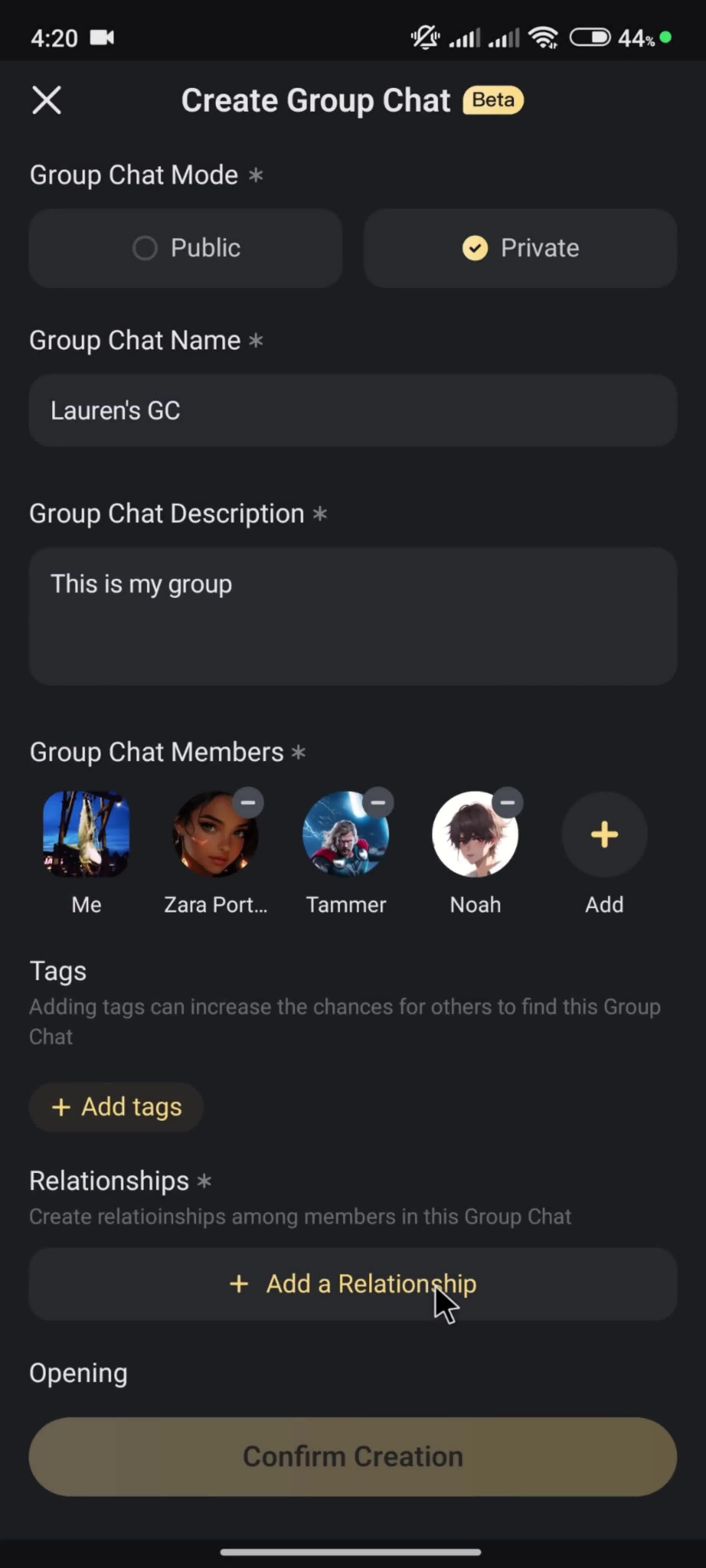 Creating a group chat screenshot