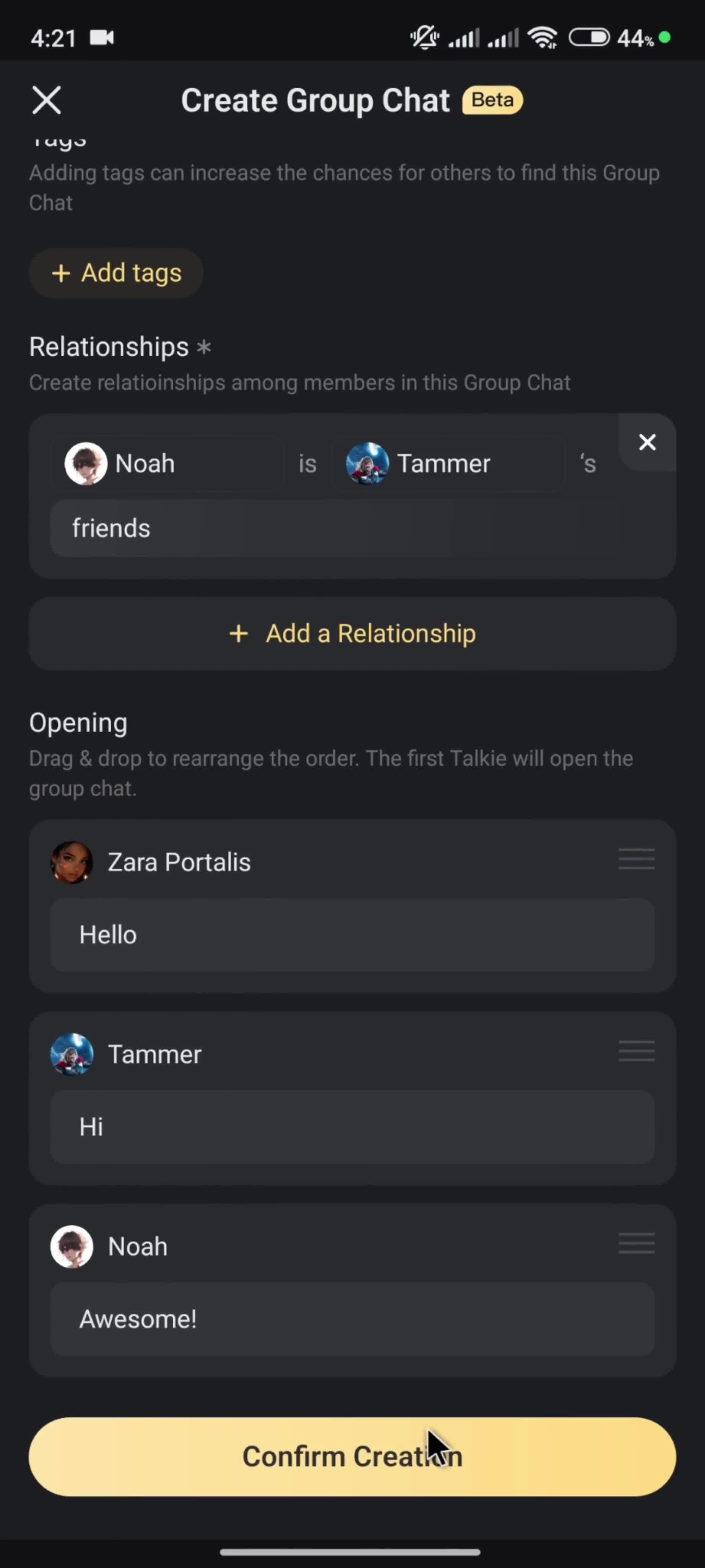 Creating a group chat screenshot
