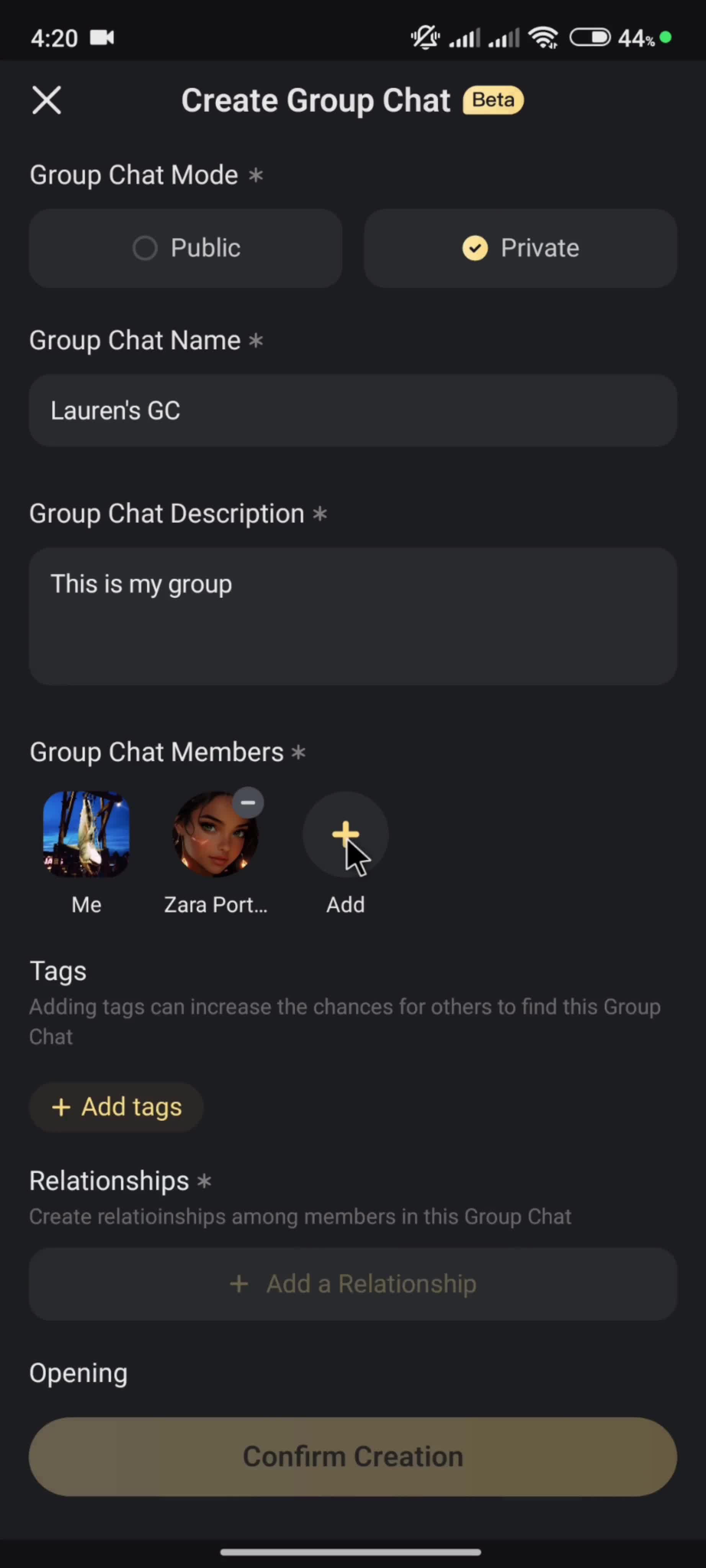 Creating a group chat screenshot
