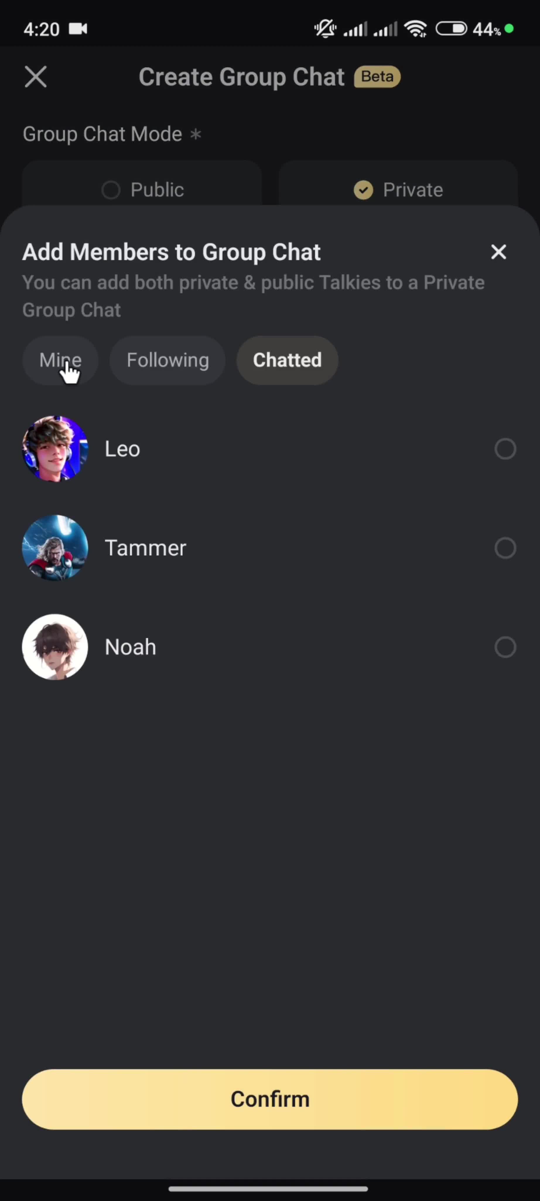 Creating a group chat screenshot