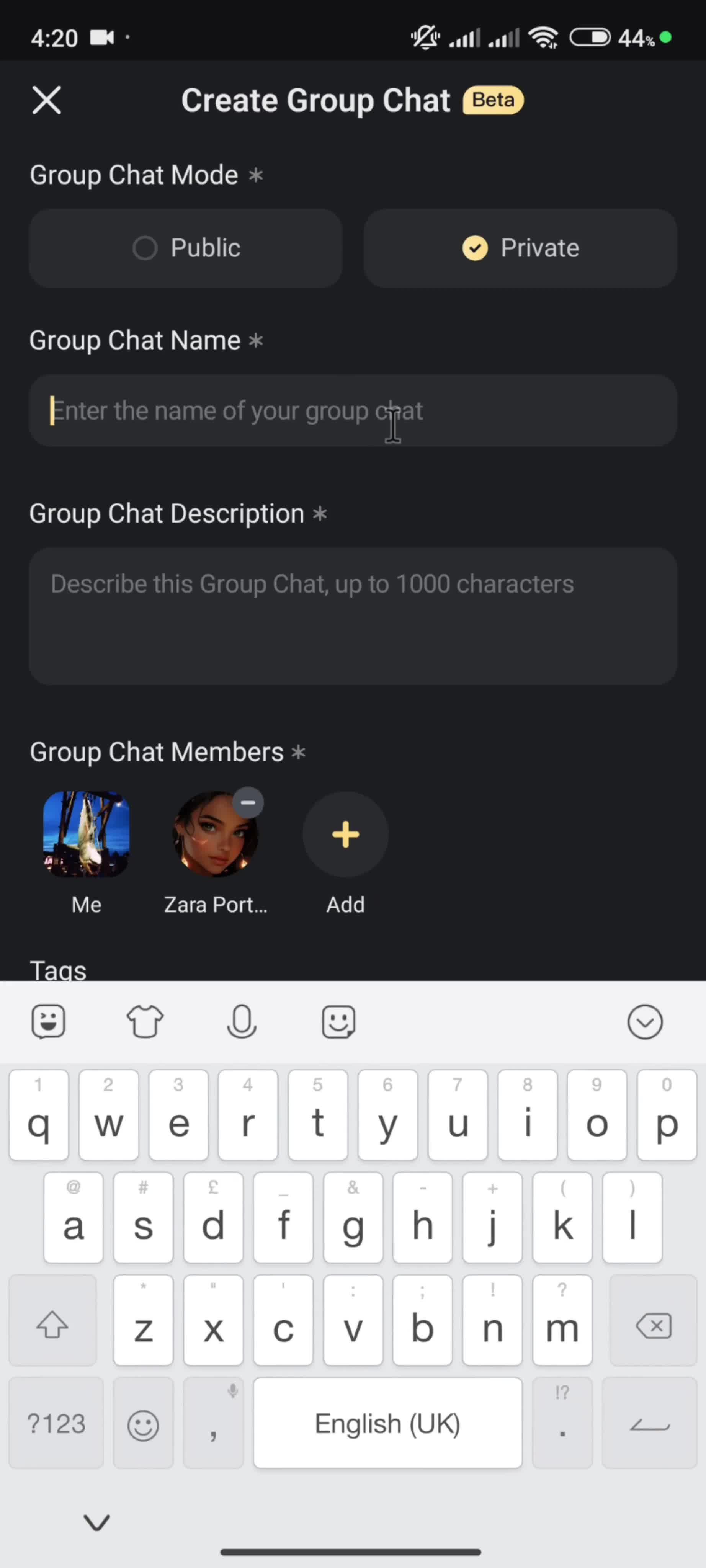 Creating a group chat screenshot