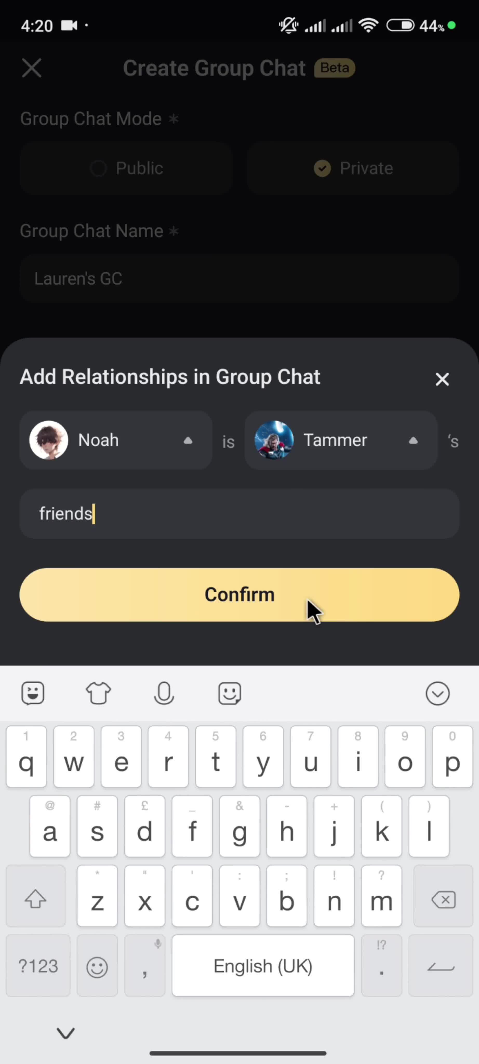 Creating a group chat screenshot