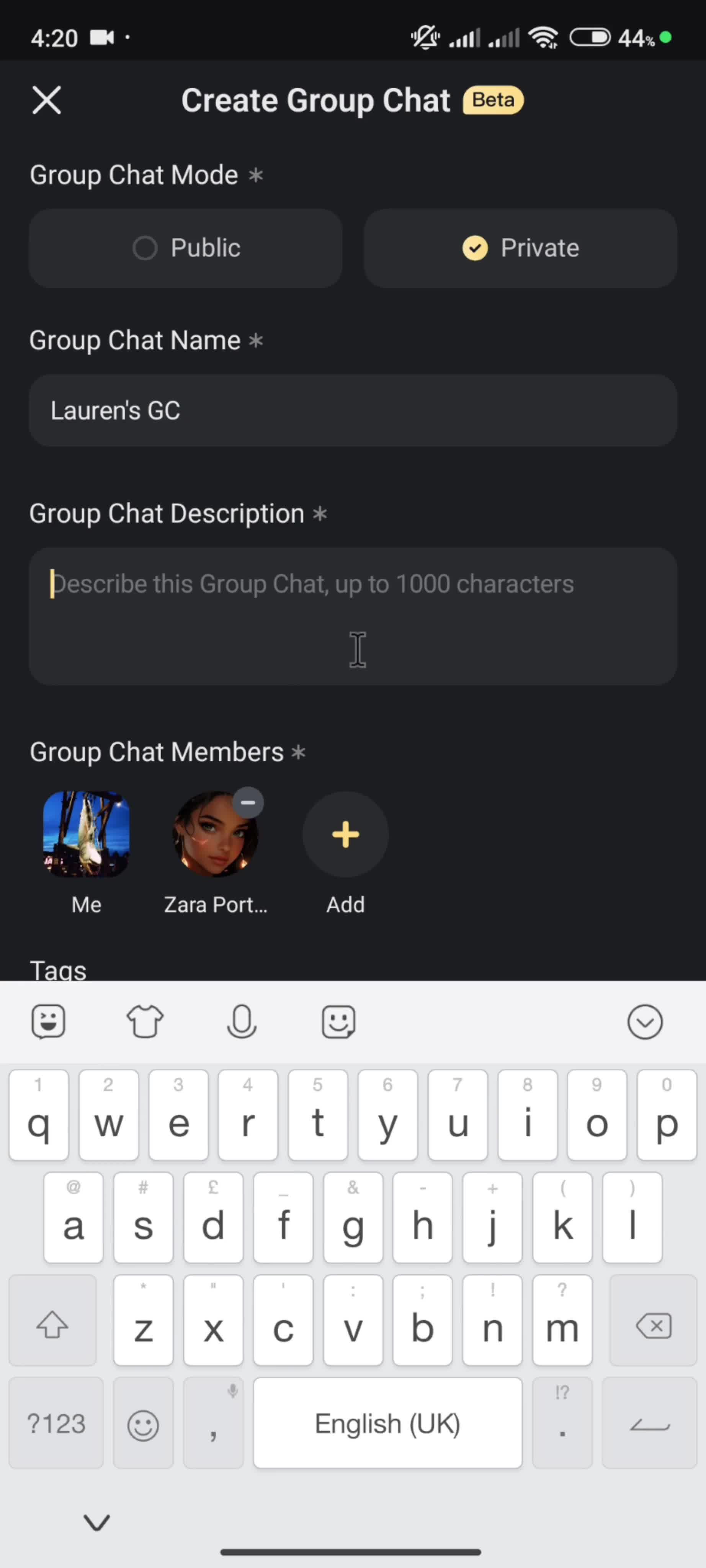 Creating a group chat screenshot
