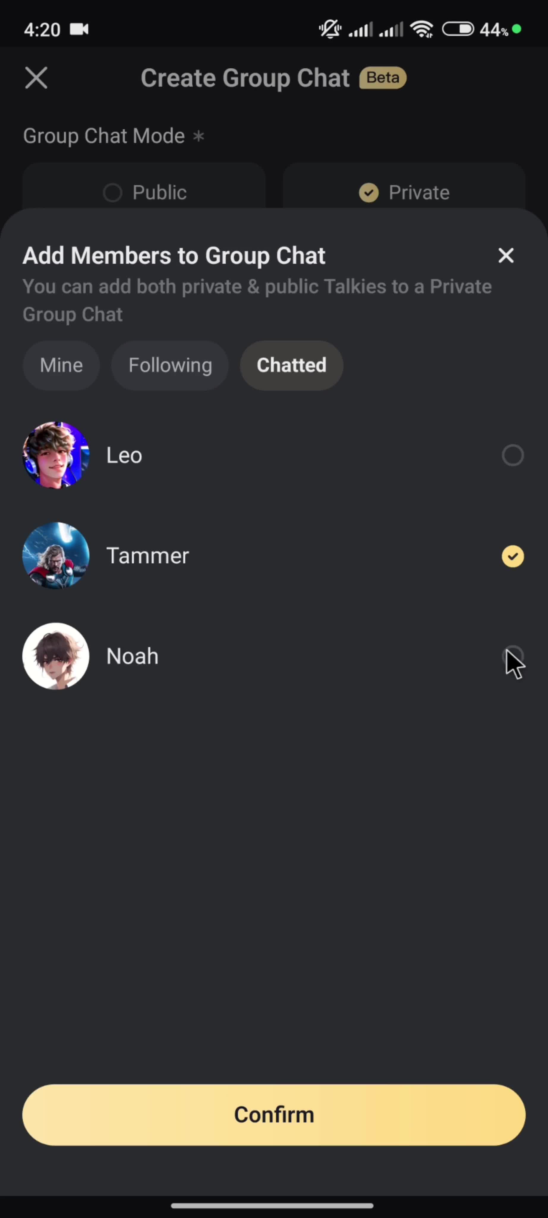 Creating a group chat screenshot