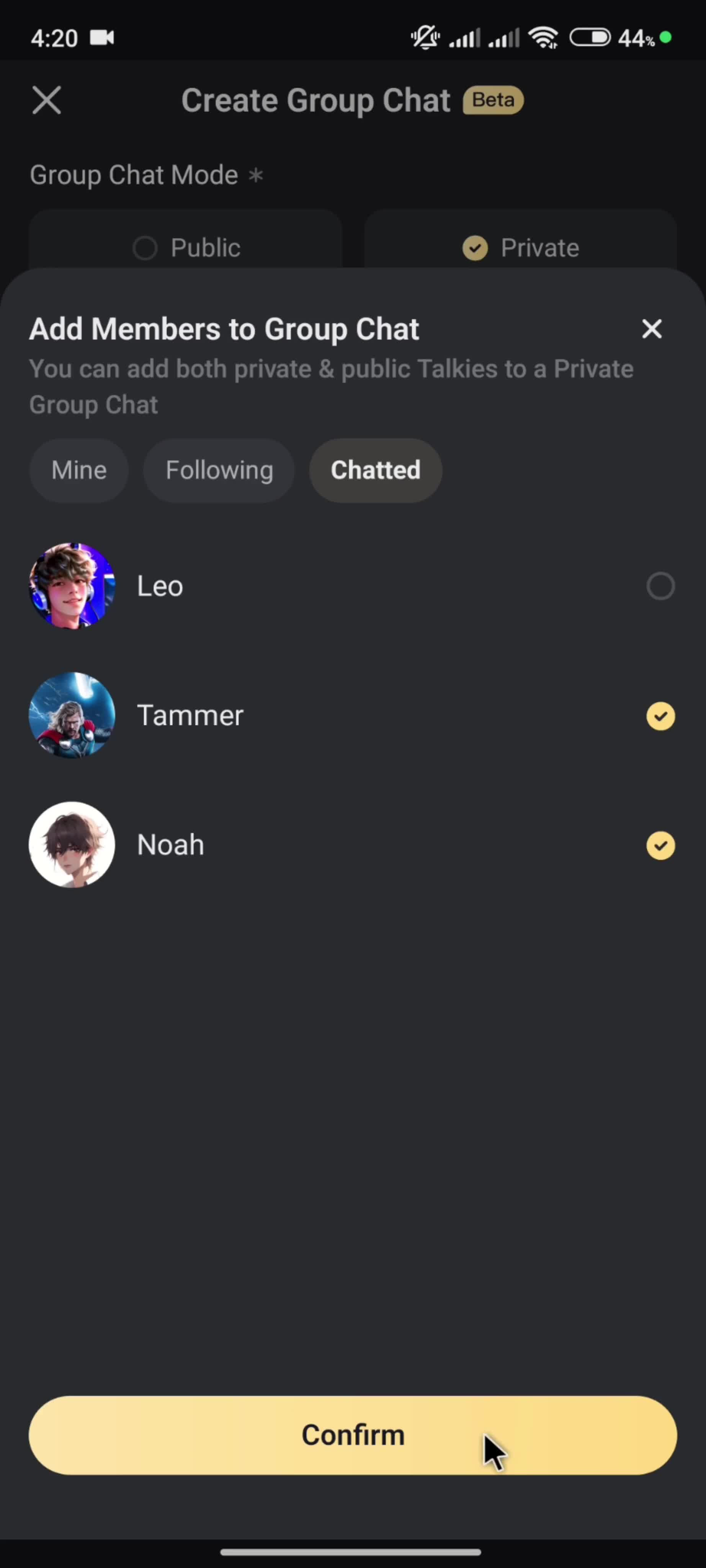Creating a group chat screenshot