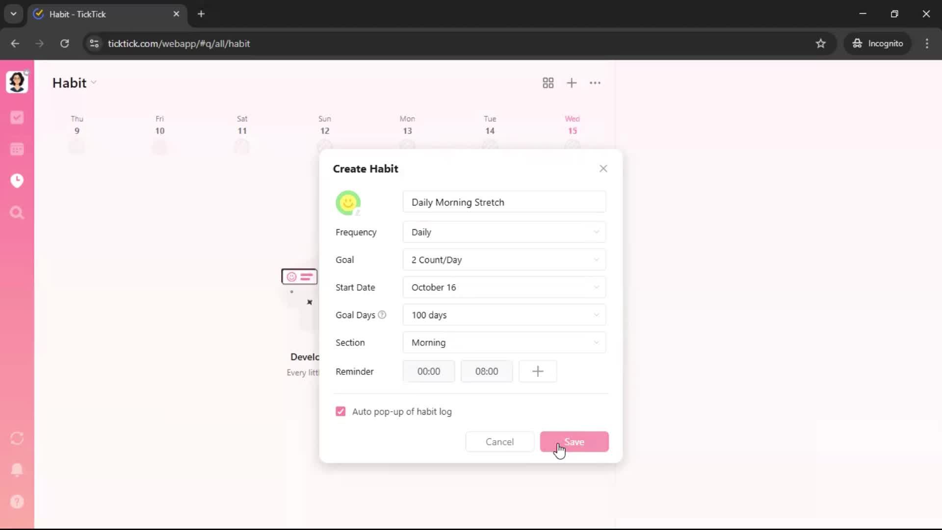 Creating a habit screenshot