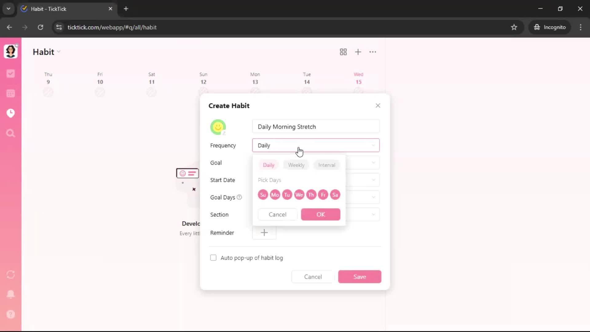 Creating a habit screenshot