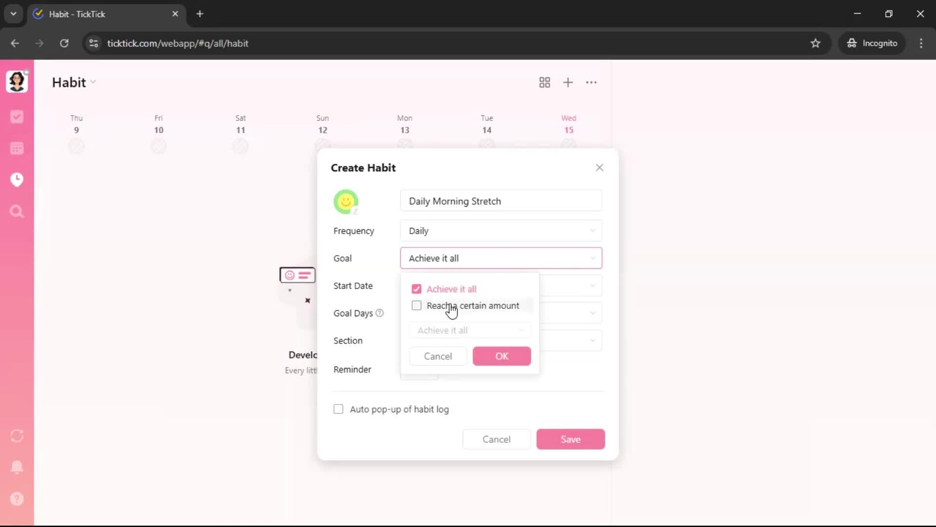Creating a habit screenshot