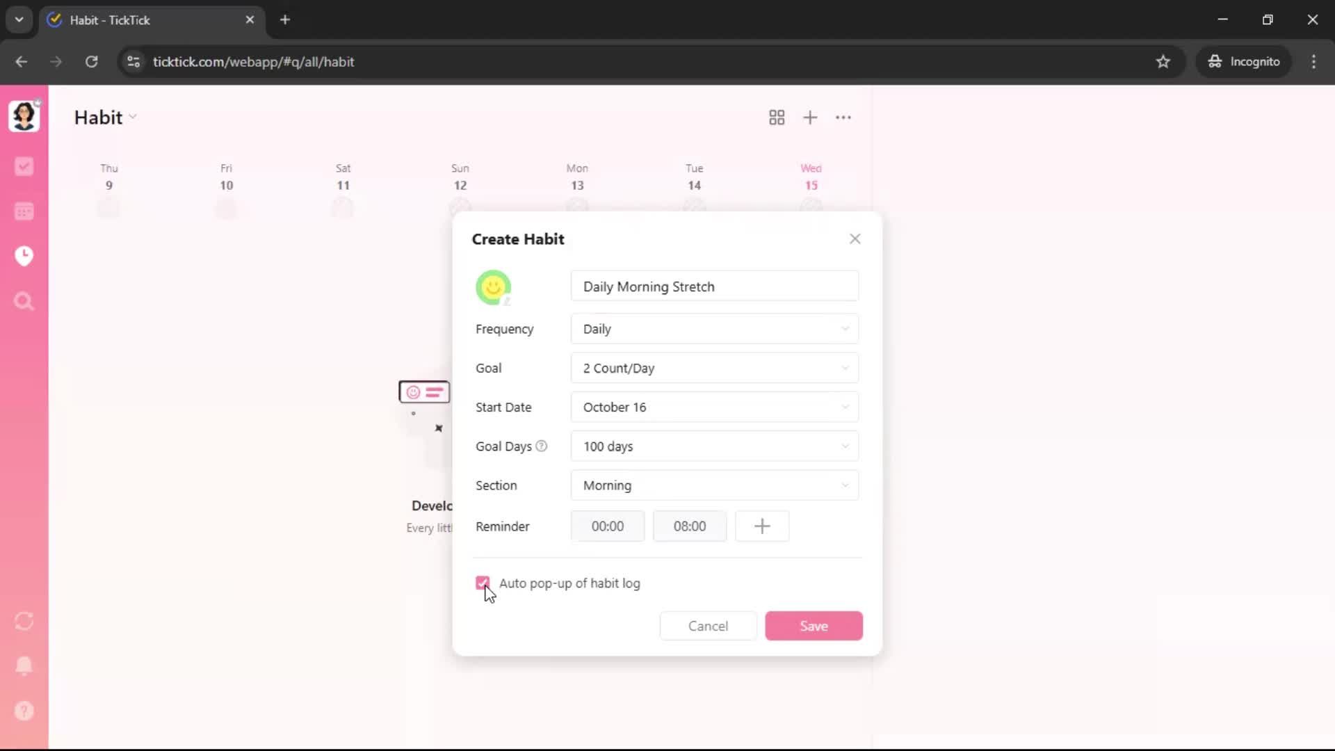 Creating a habit screenshot