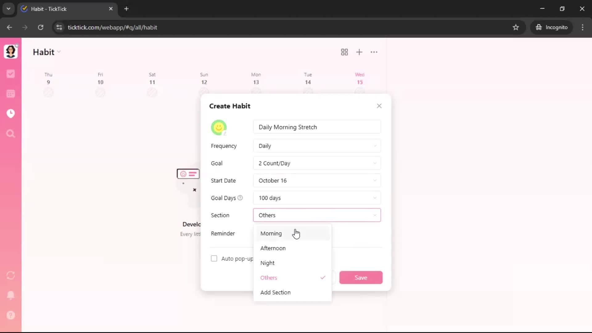 Creating a habit screenshot