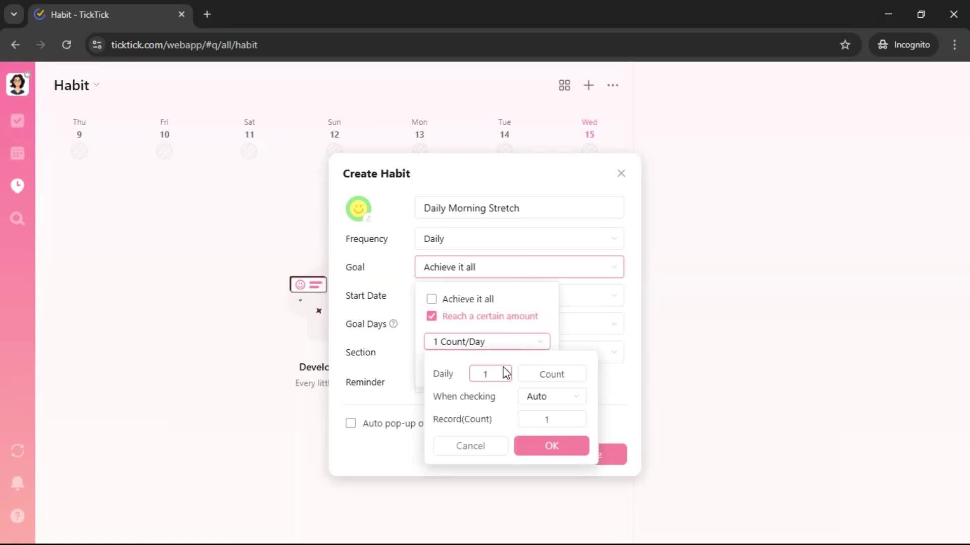 Creating a habit screenshot