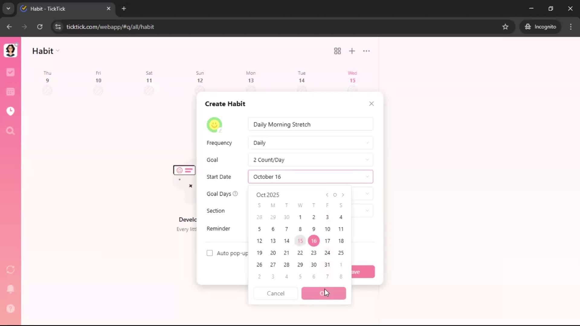 Creating a habit screenshot