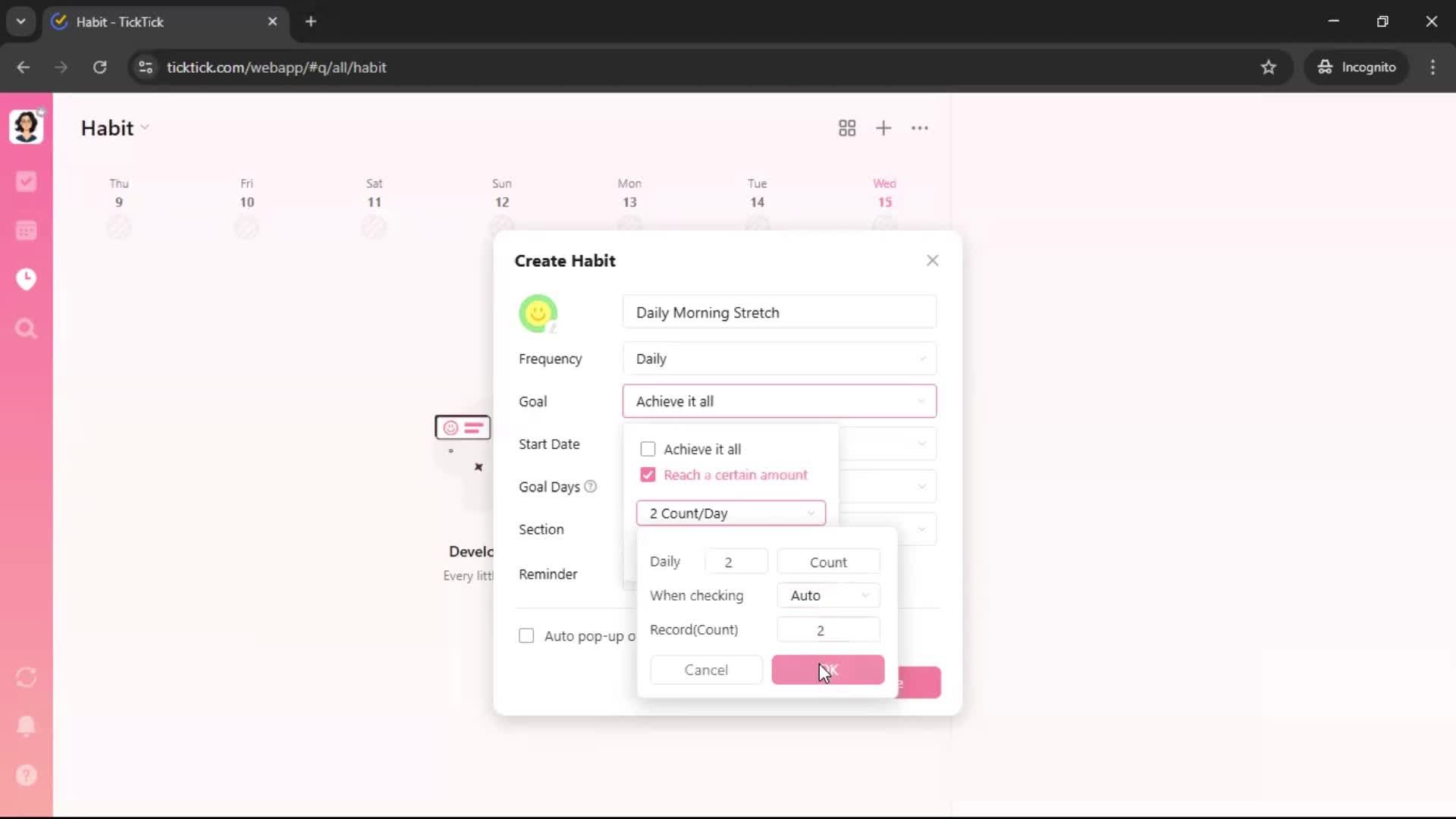 Creating a habit screenshot