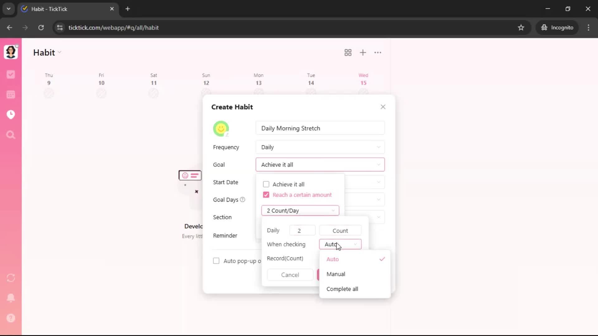 Creating a habit screenshot