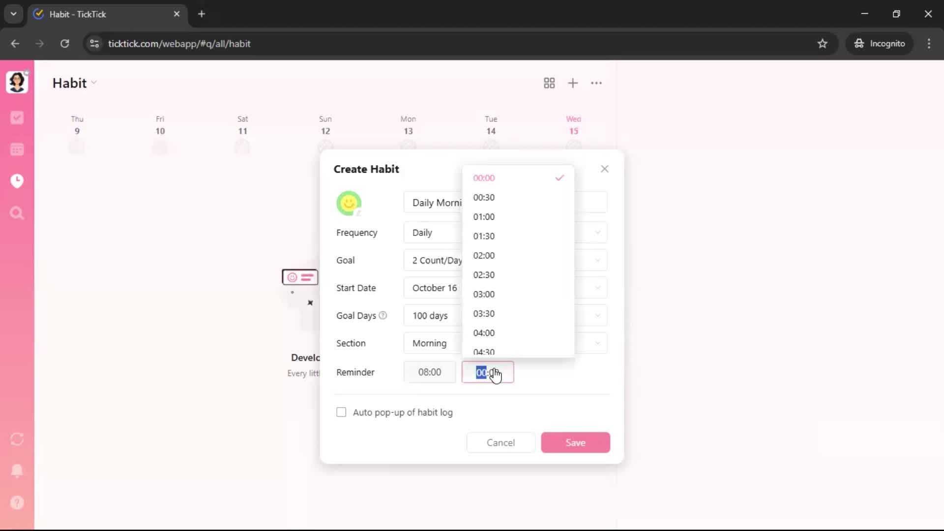 Creating a habit screenshot