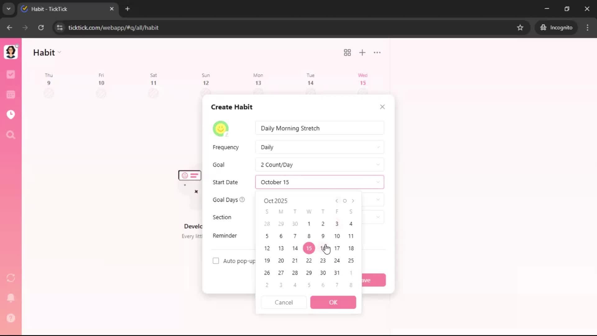 Creating a habit screenshot