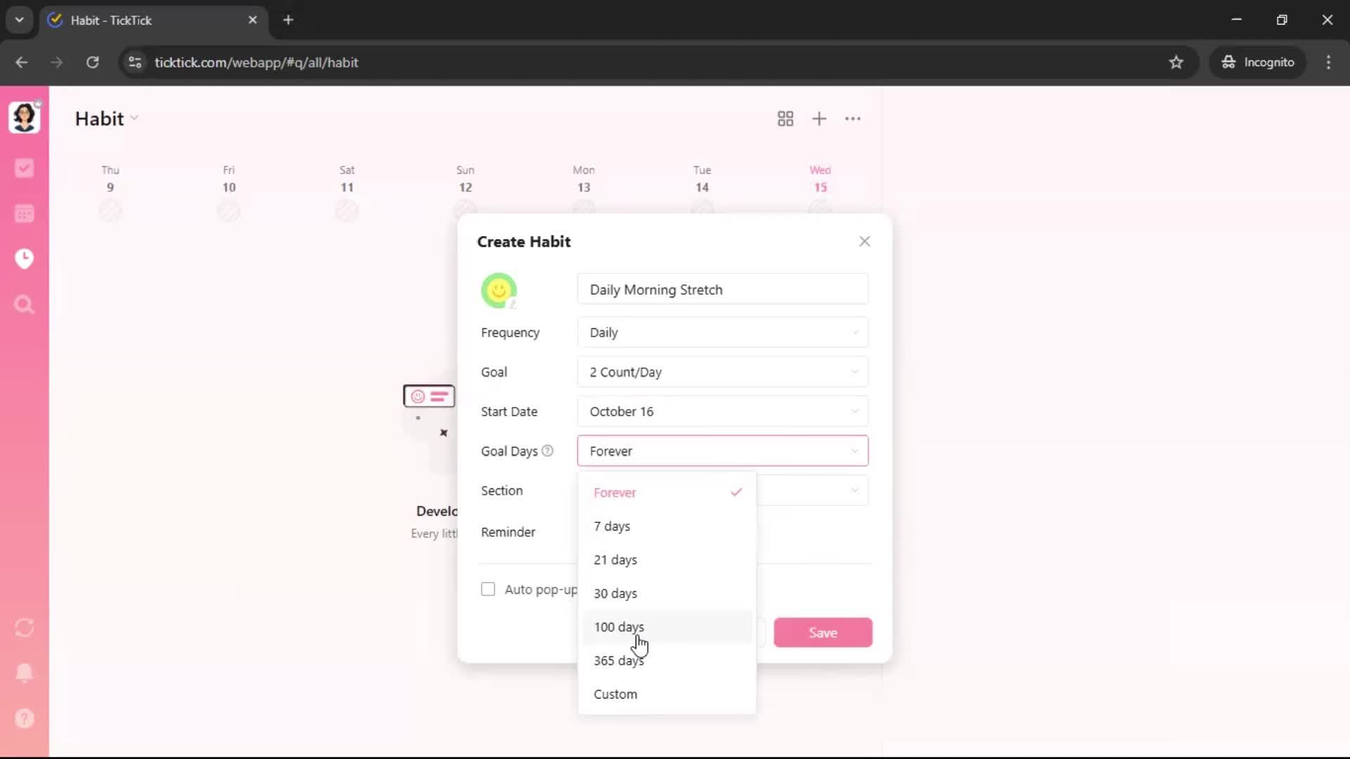 Creating a habit screenshot