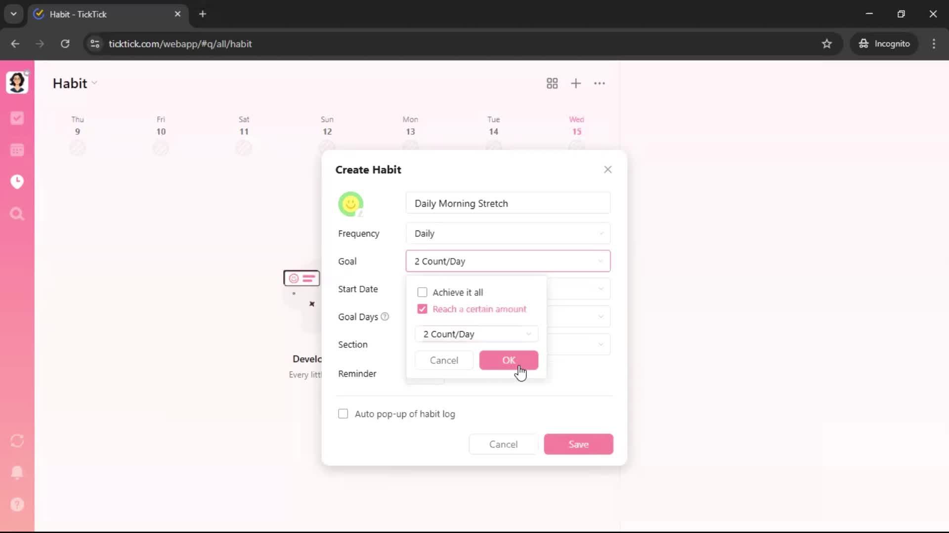 Creating a habit screenshot