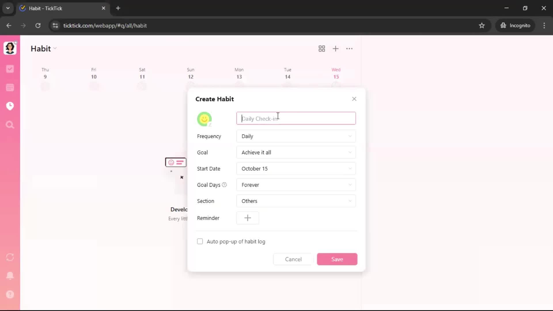 Creating a habit screenshot