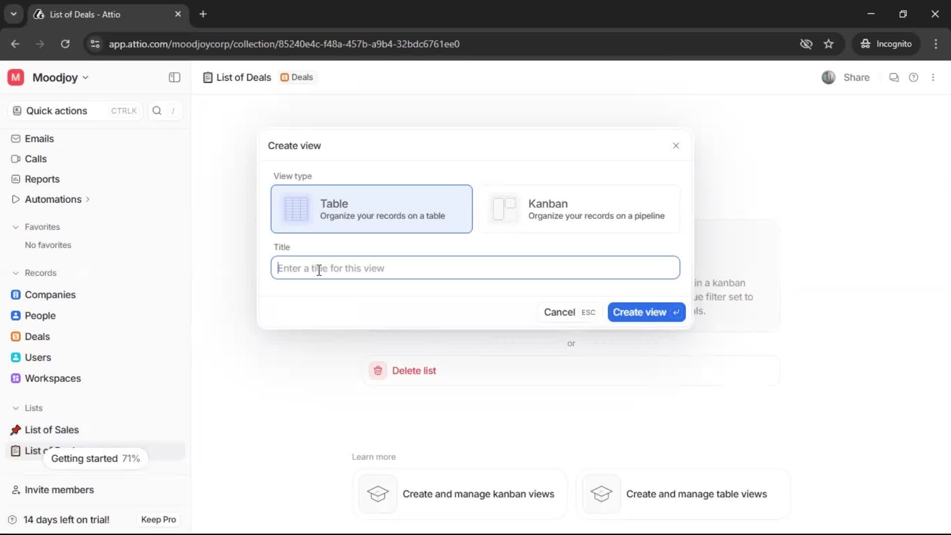 Creating a list screenshot