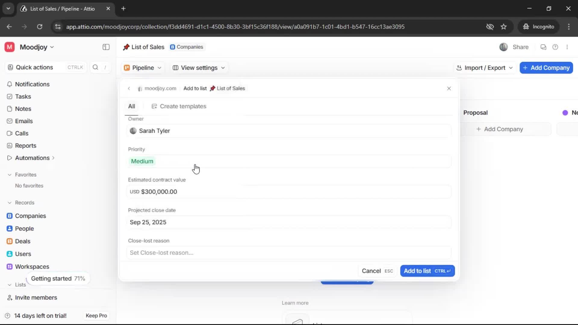 Creating a list screenshot