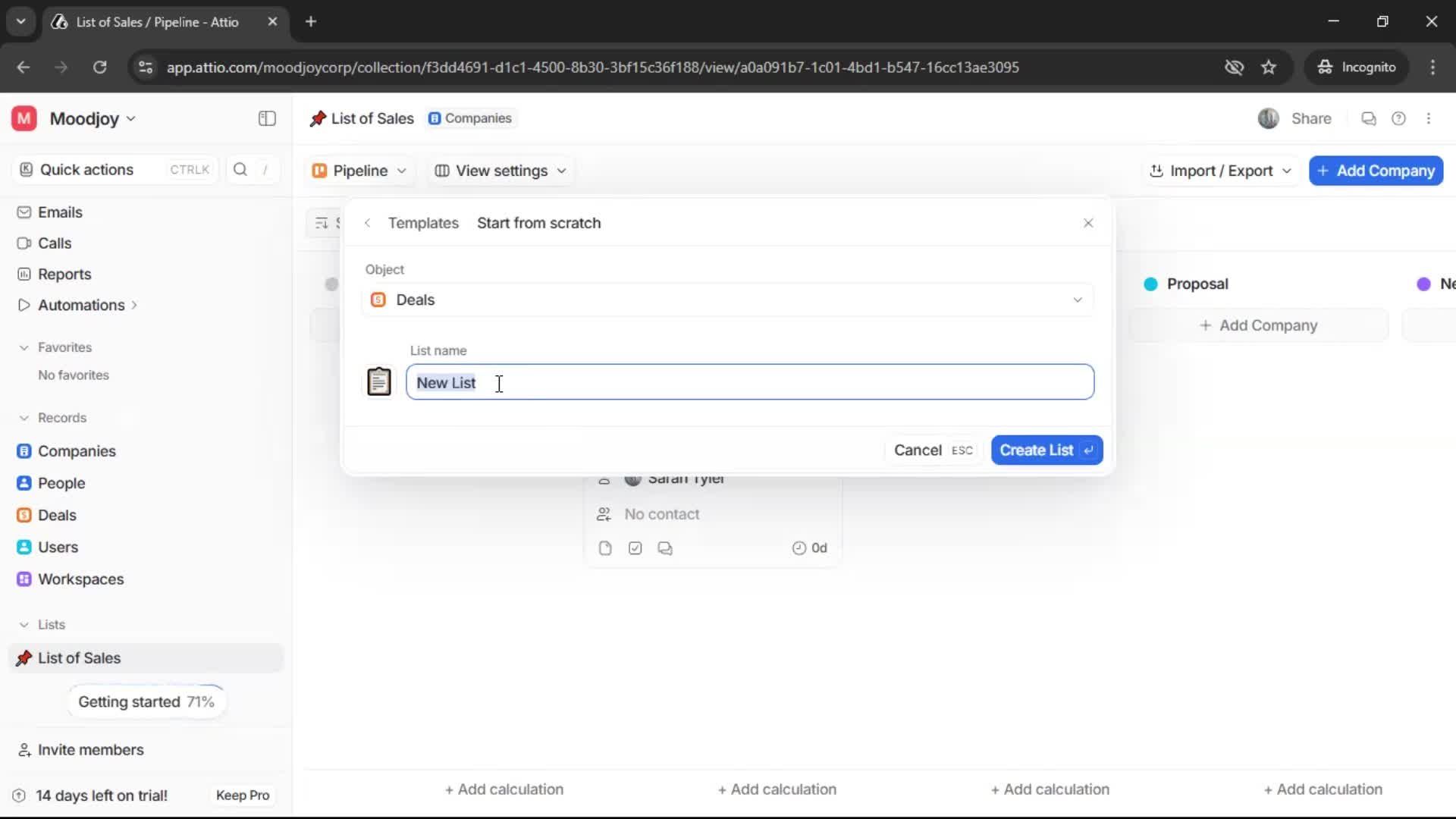Creating a list screenshot