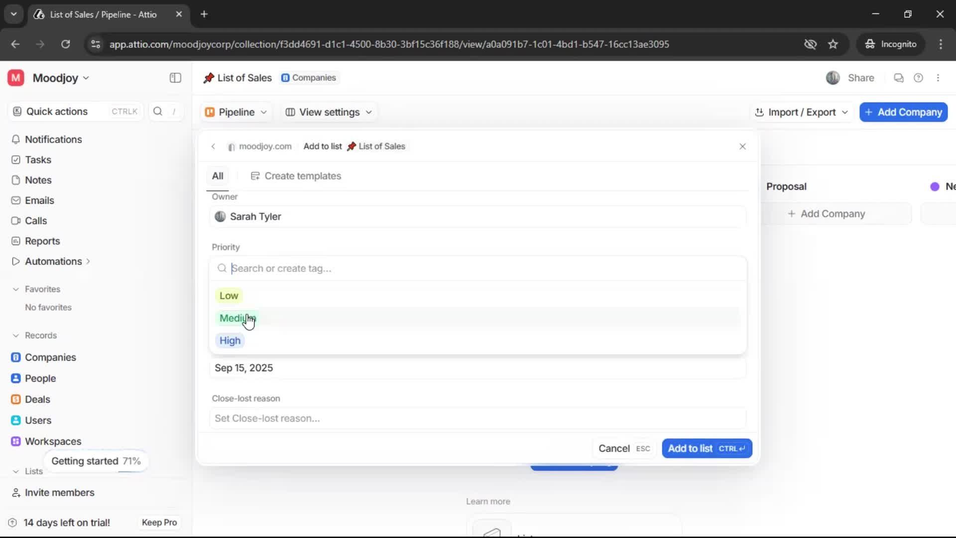 Creating a list screenshot