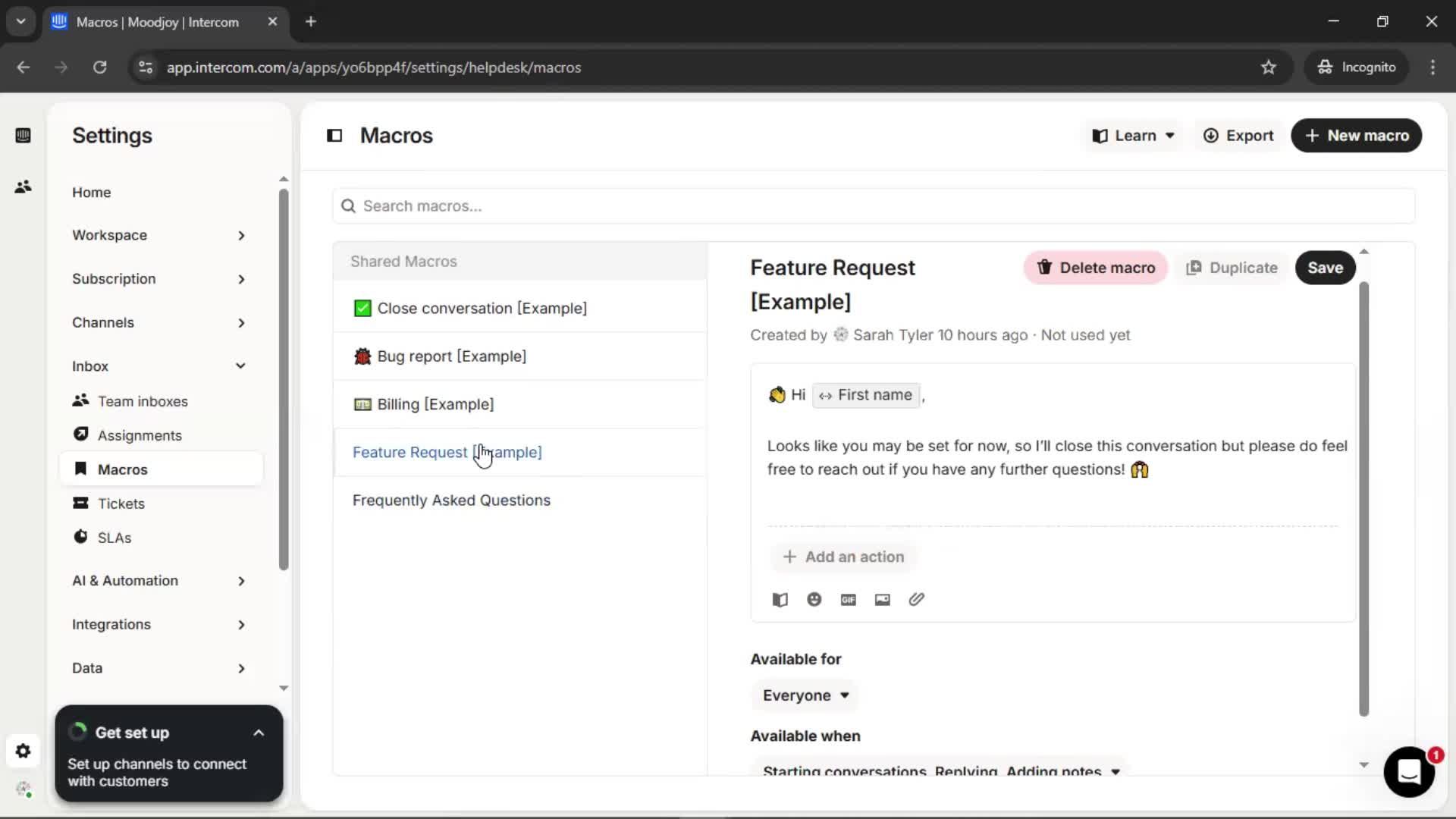 Creating saved reply screenshot