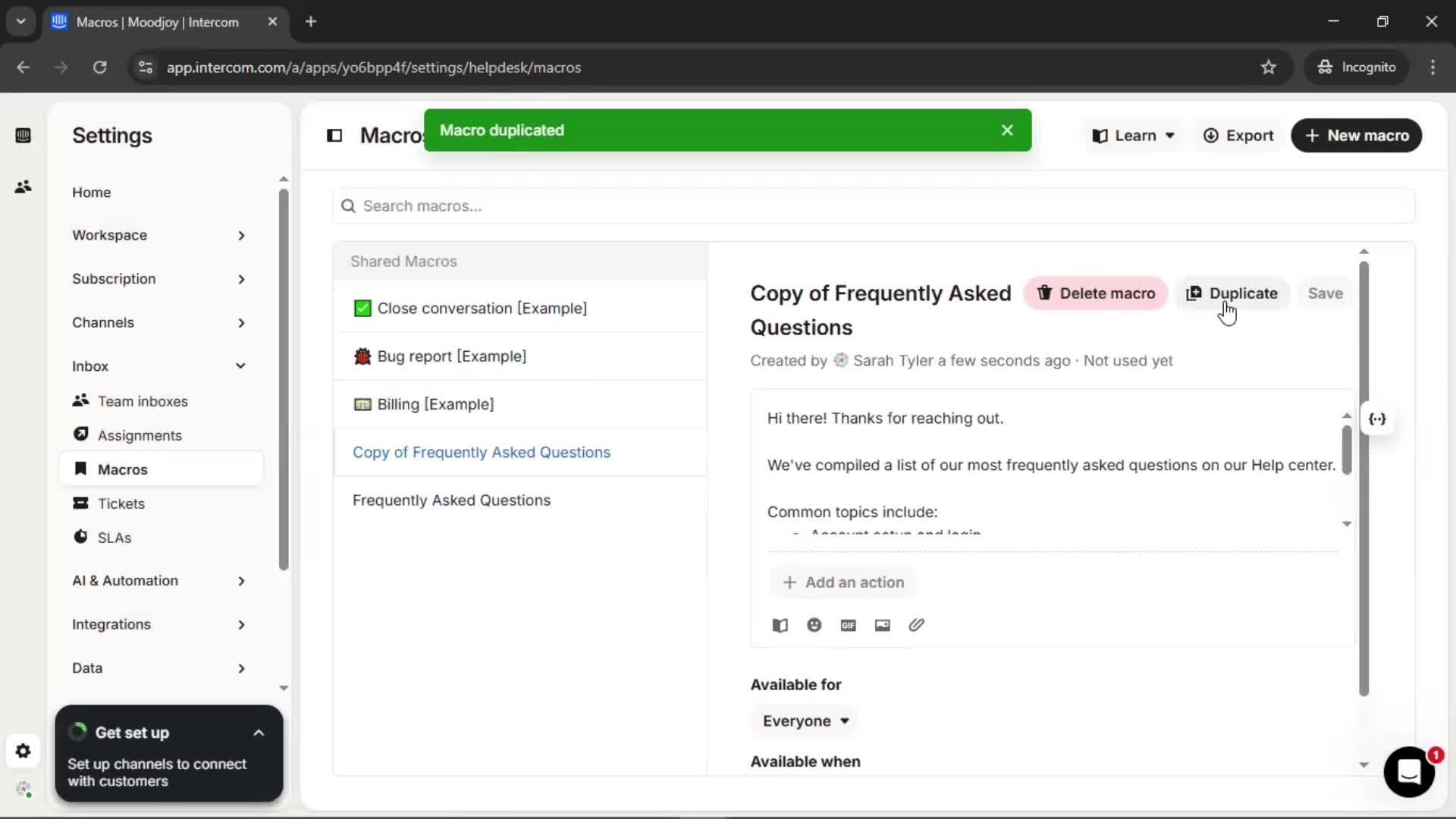 Creating saved reply screenshot