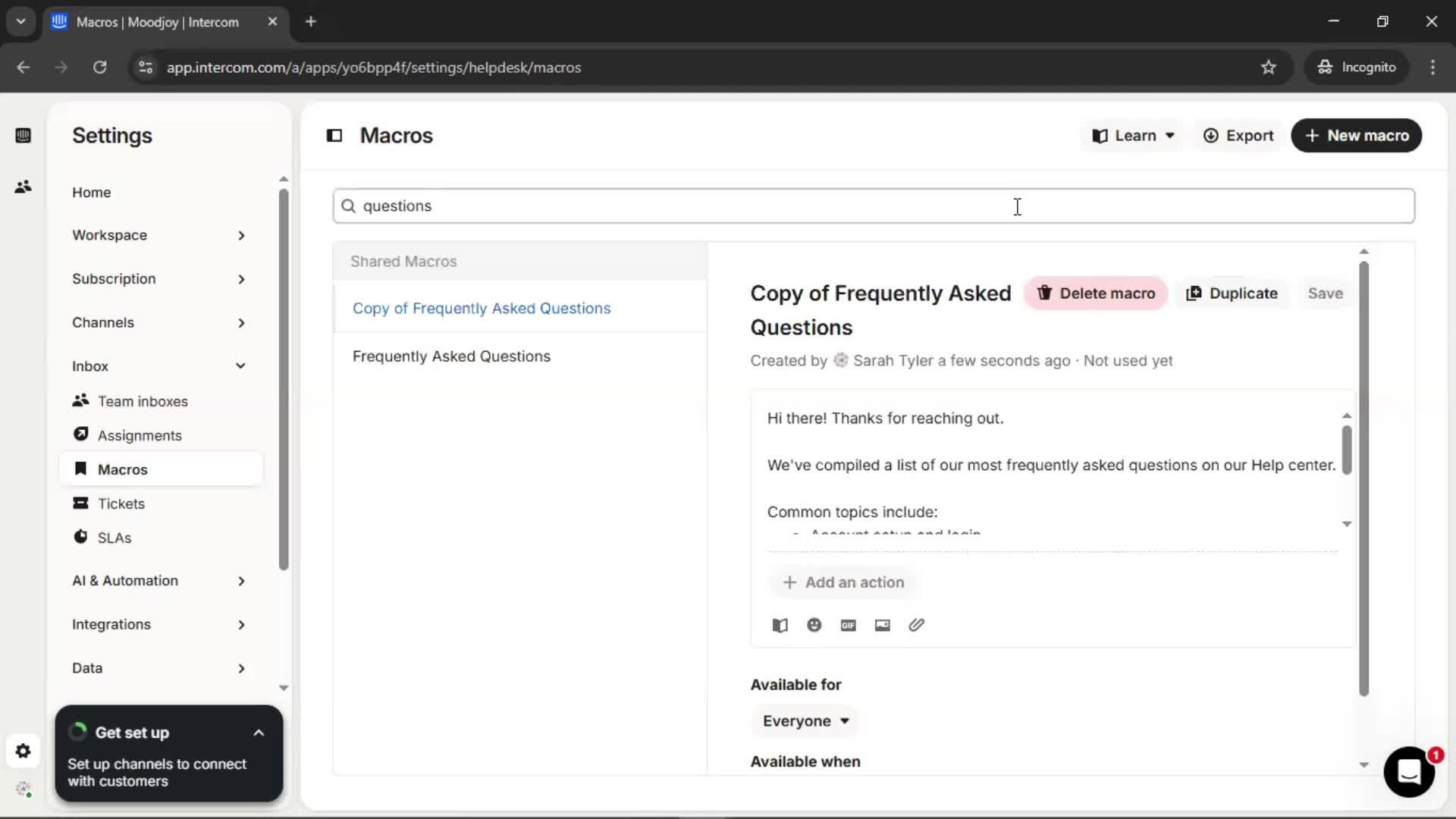Creating saved reply screenshot