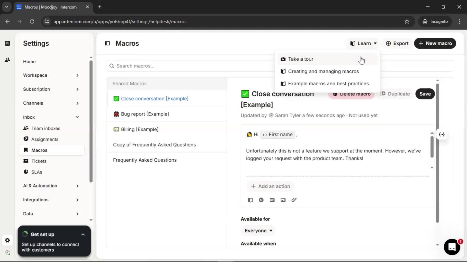 Creating saved reply screenshot