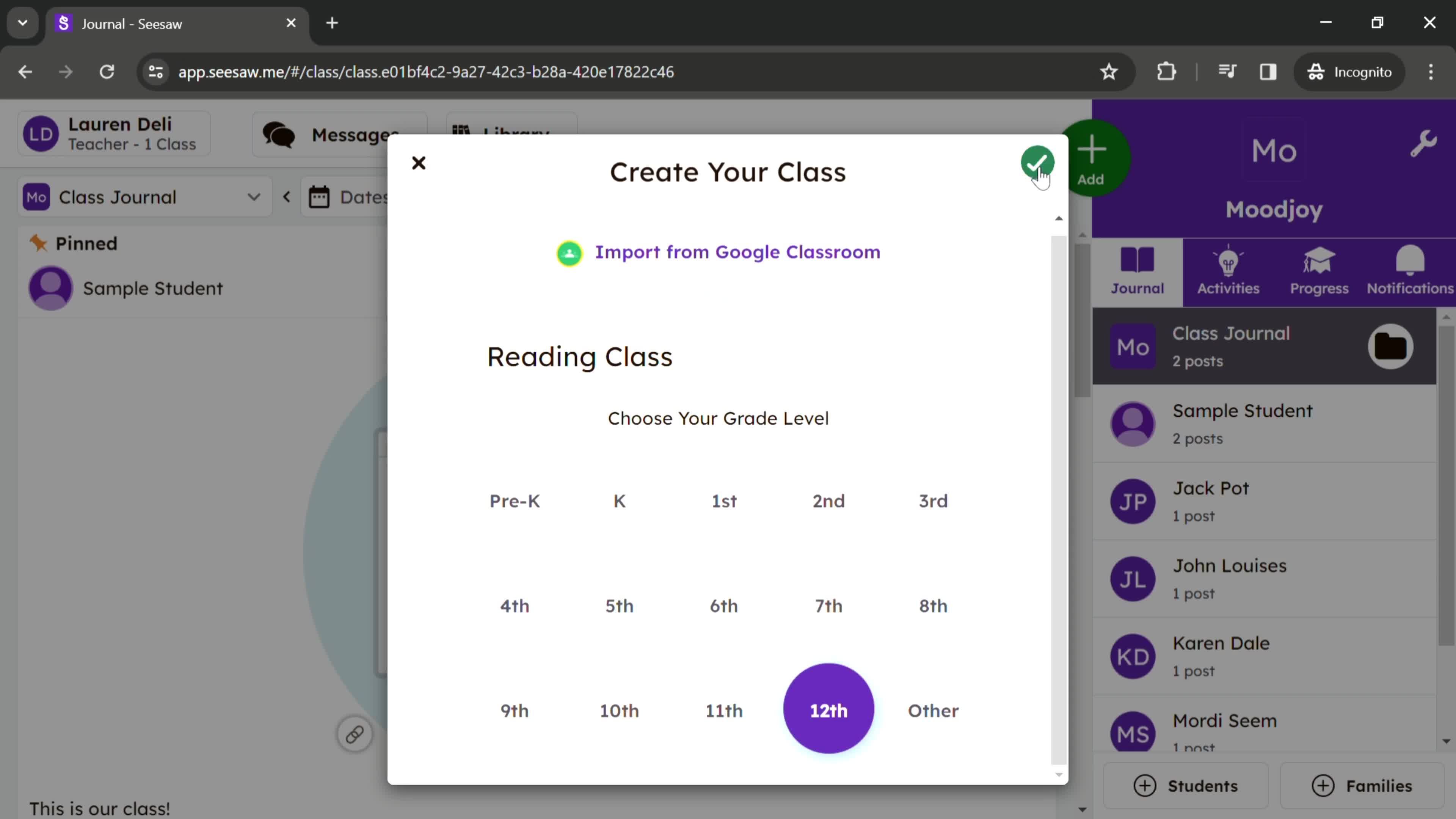 Creating a new class screenshot