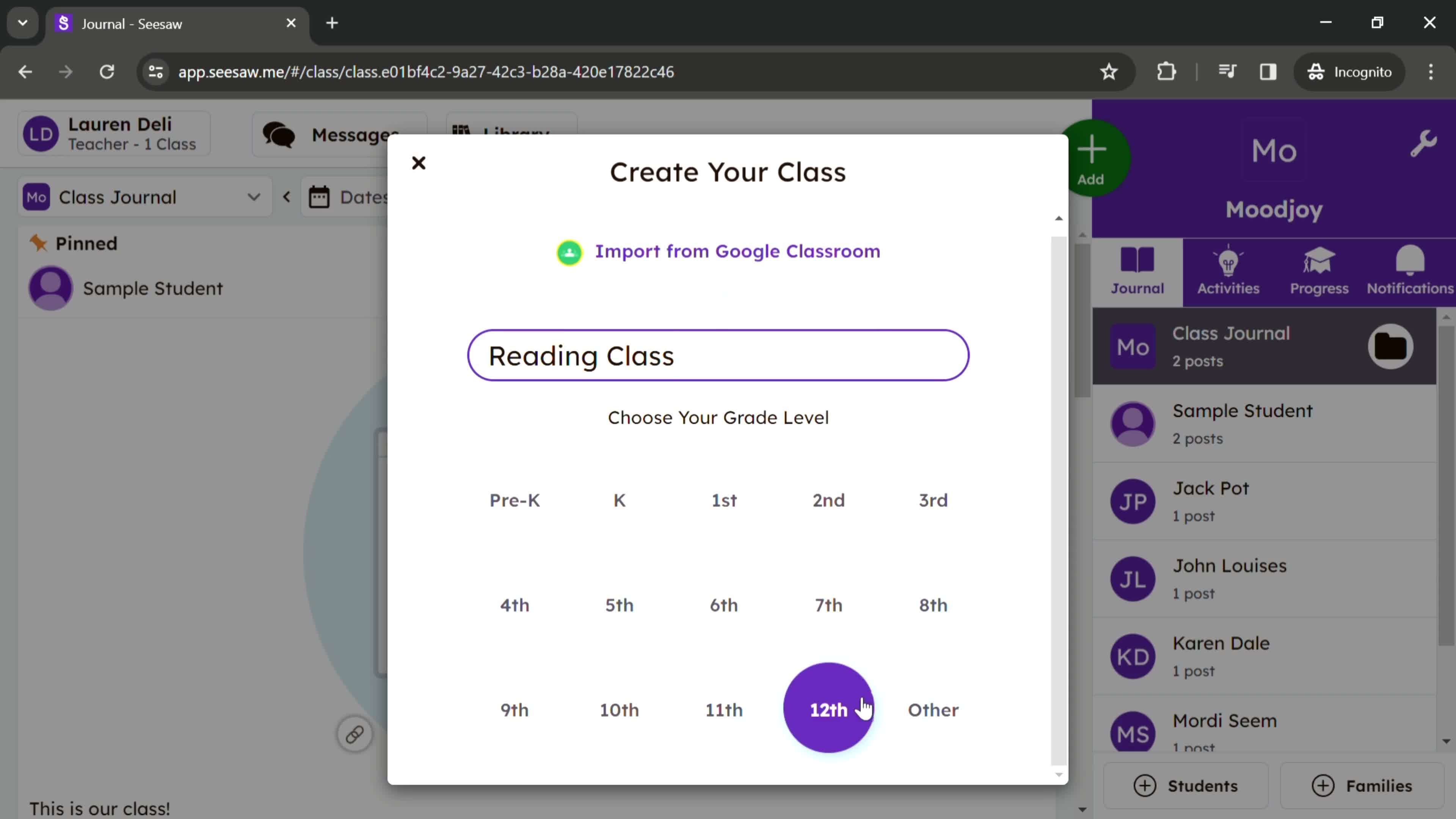 Creating a new class screenshot