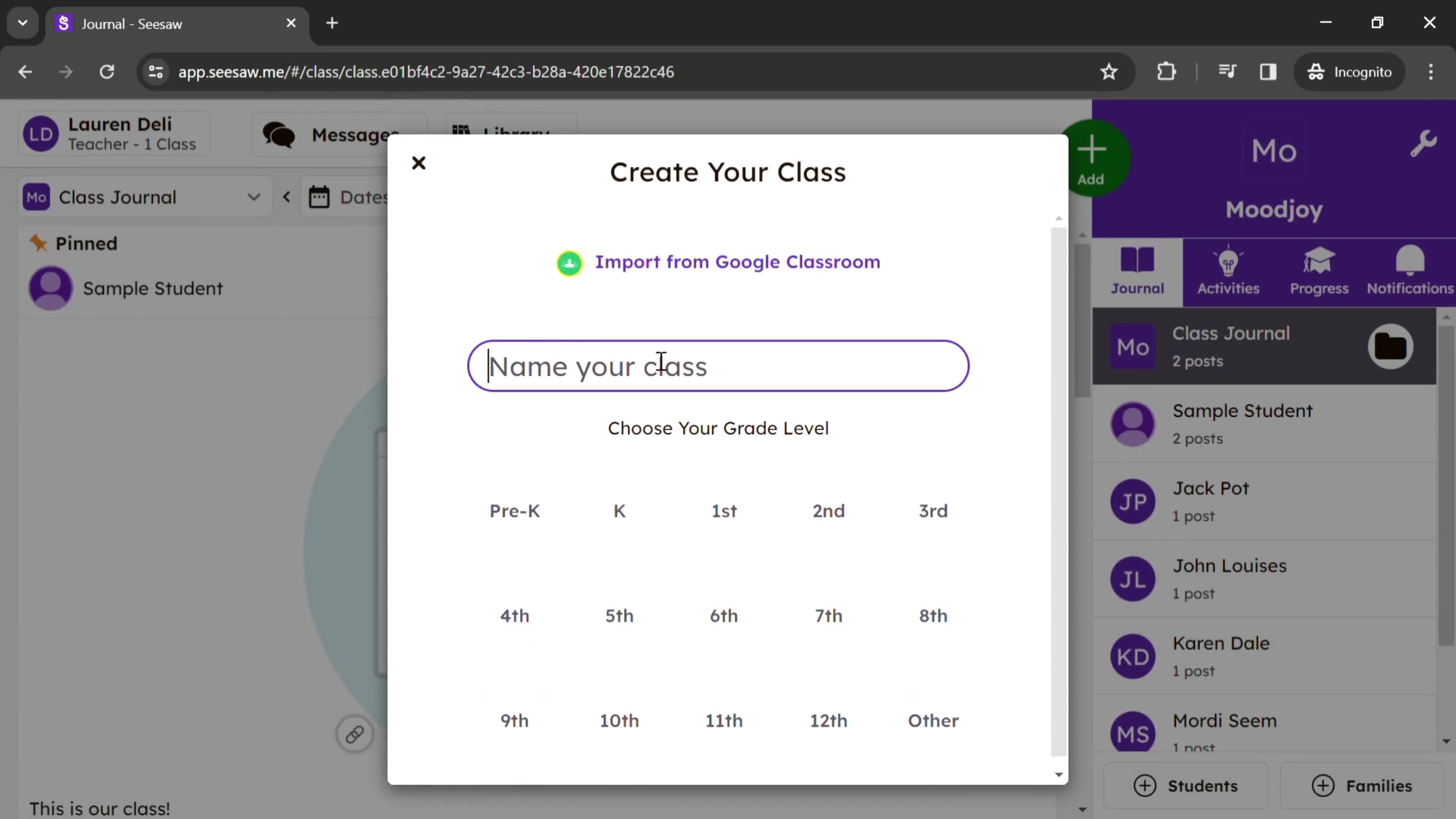 Creating a new class screenshot