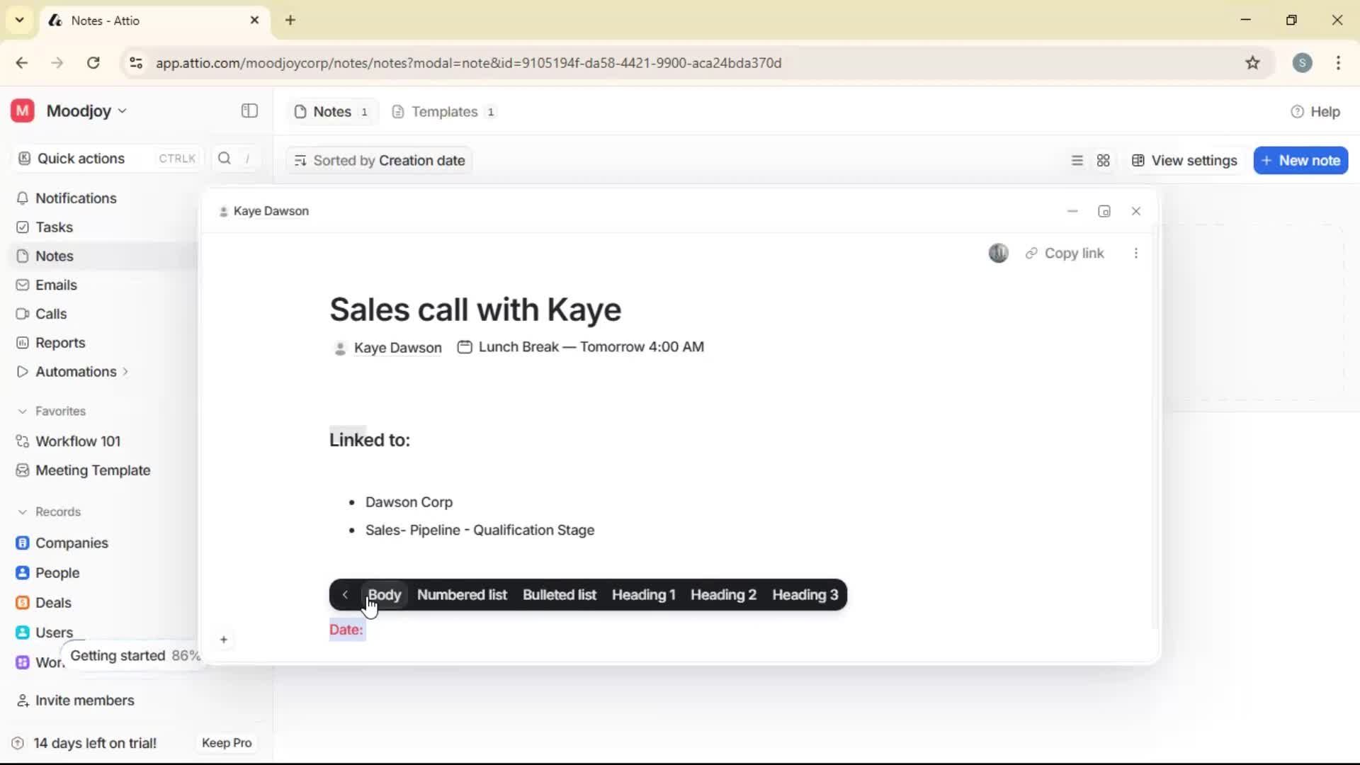 Creating a note screenshot