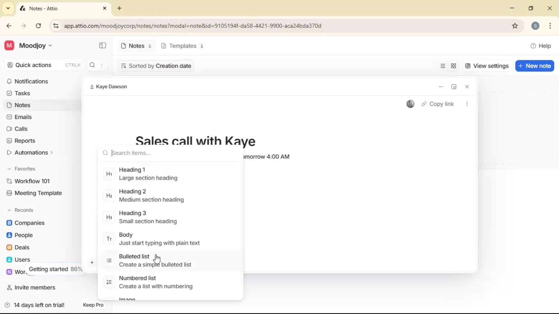 Creating a note screenshot