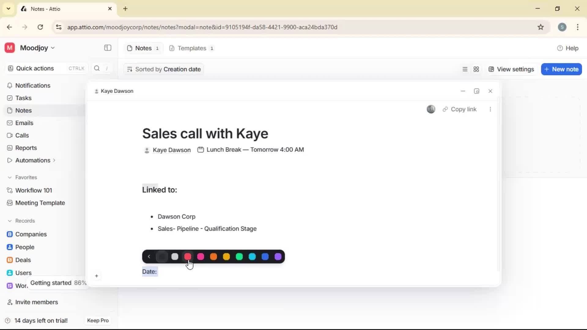 Creating a note screenshot