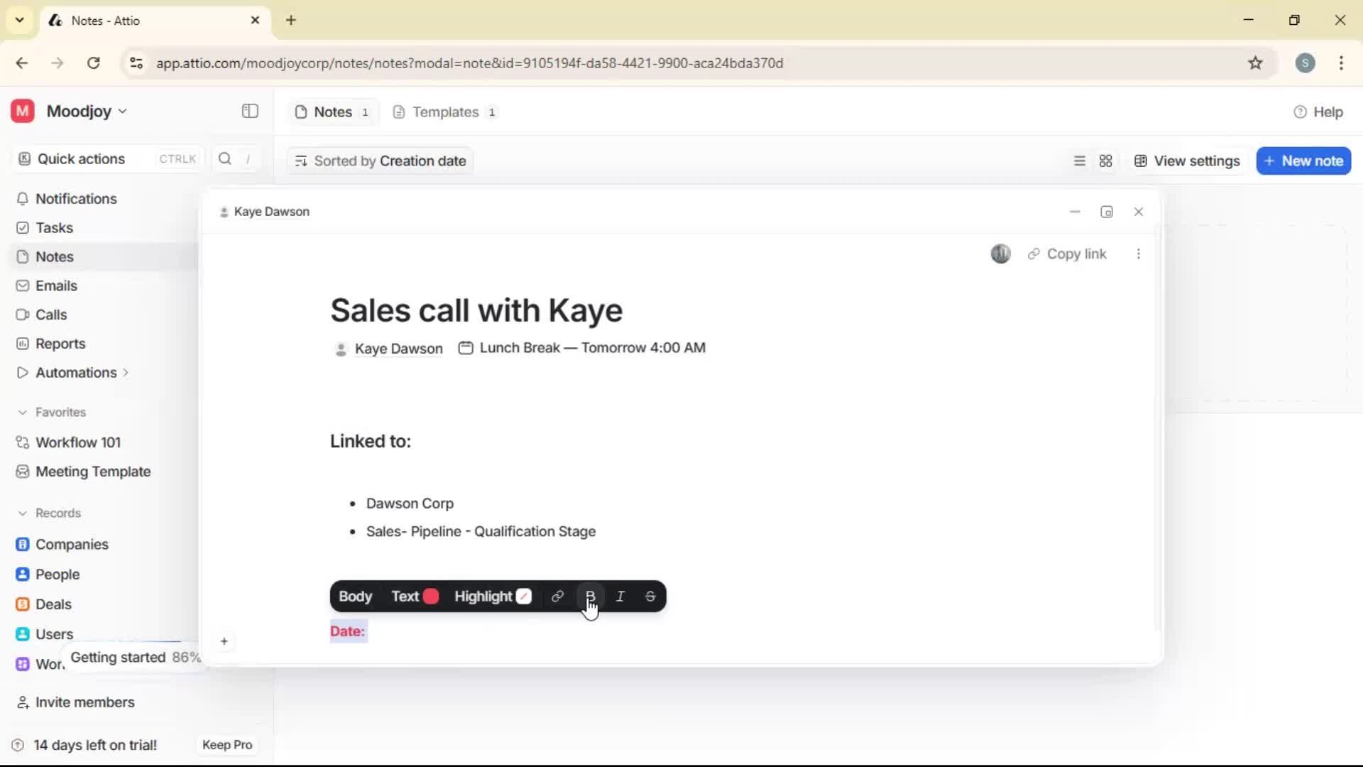 Creating a note screenshot