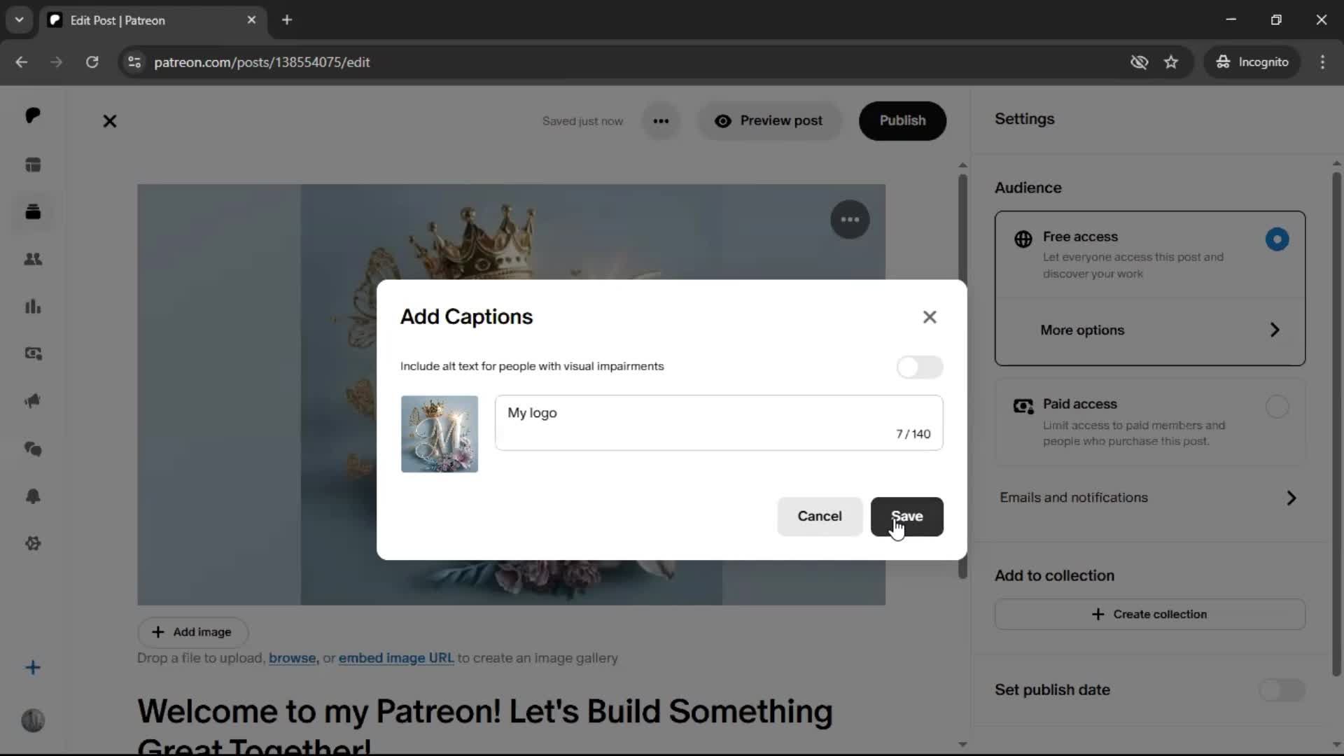 Creating a post screenshot