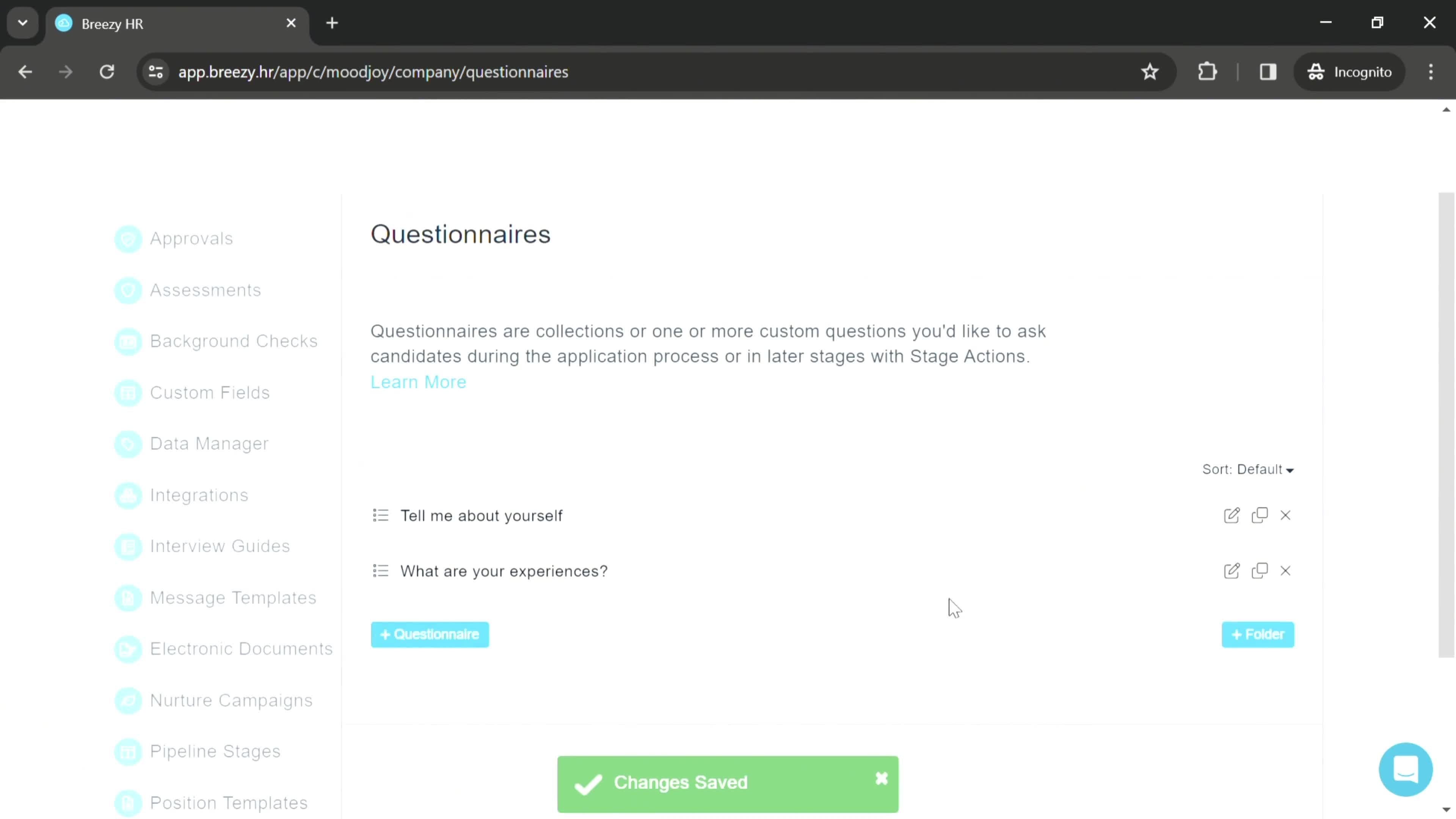 Creating a questionnaire screenshot