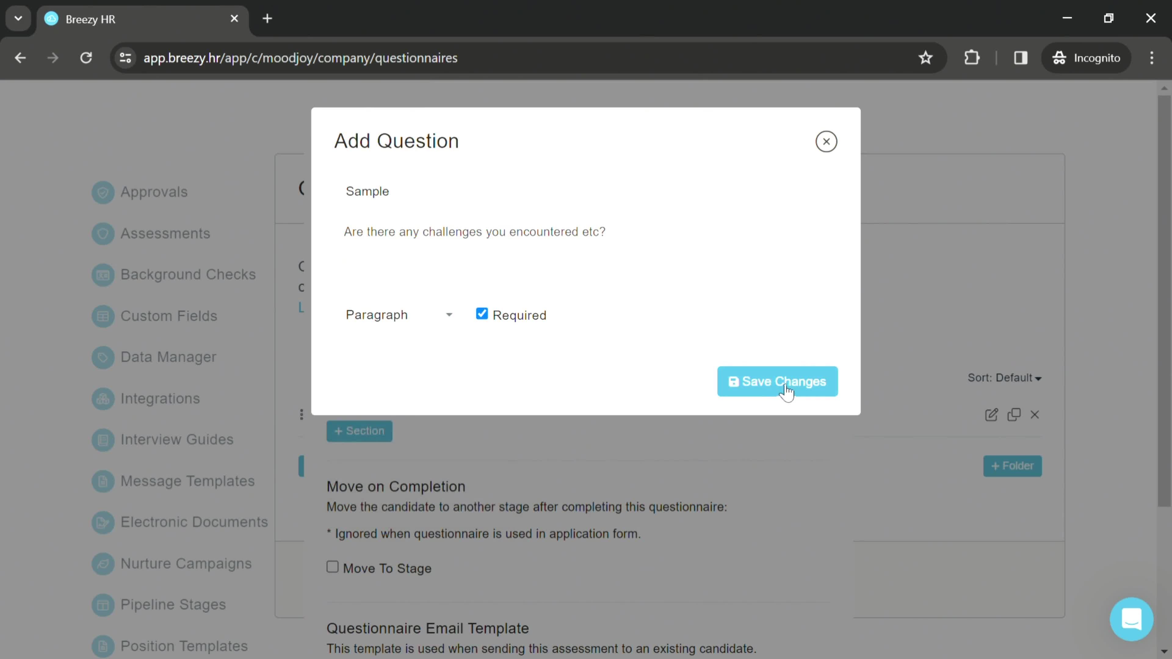 Creating a questionnaire screenshot