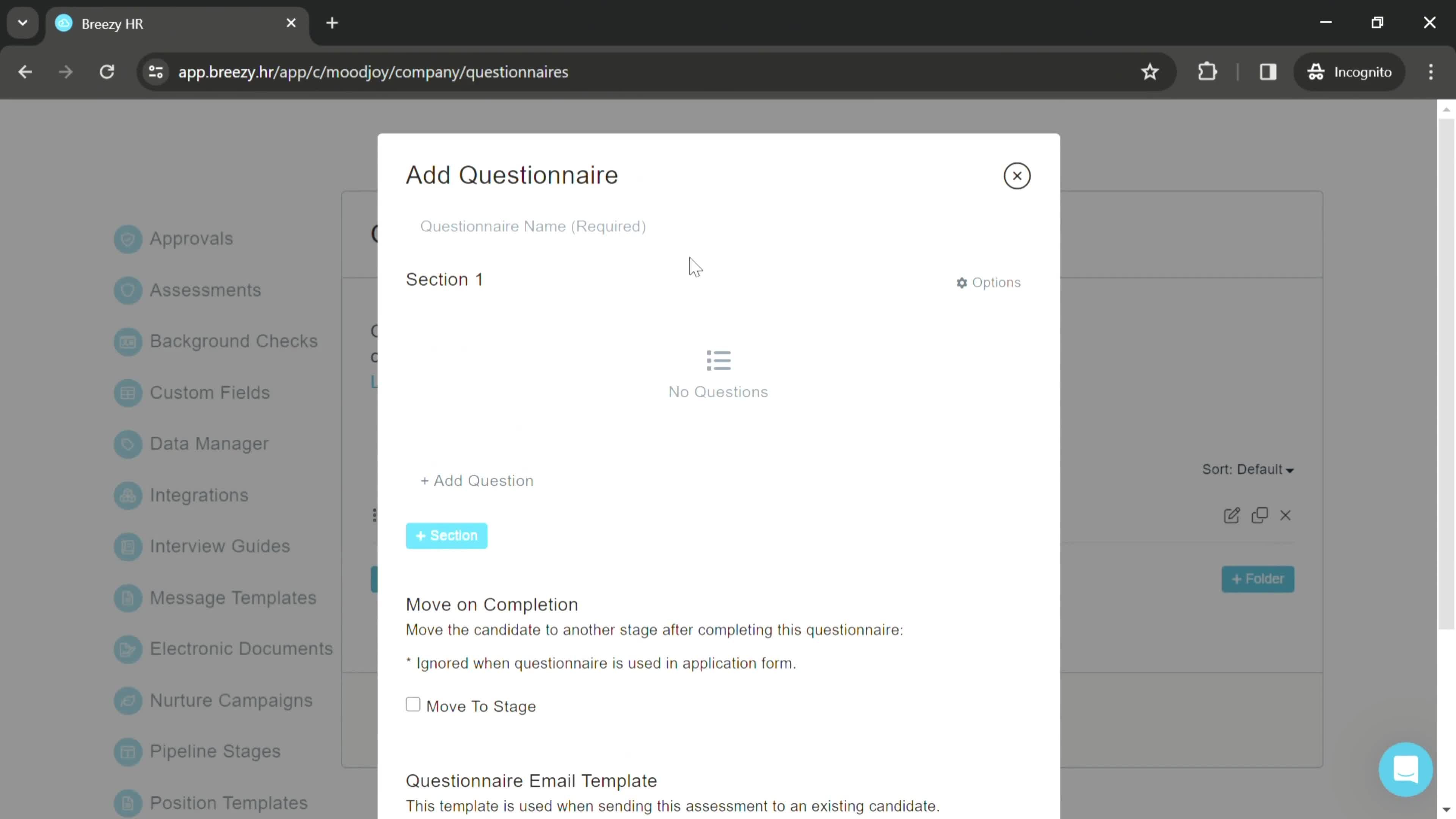 Creating a questionnaire screenshot