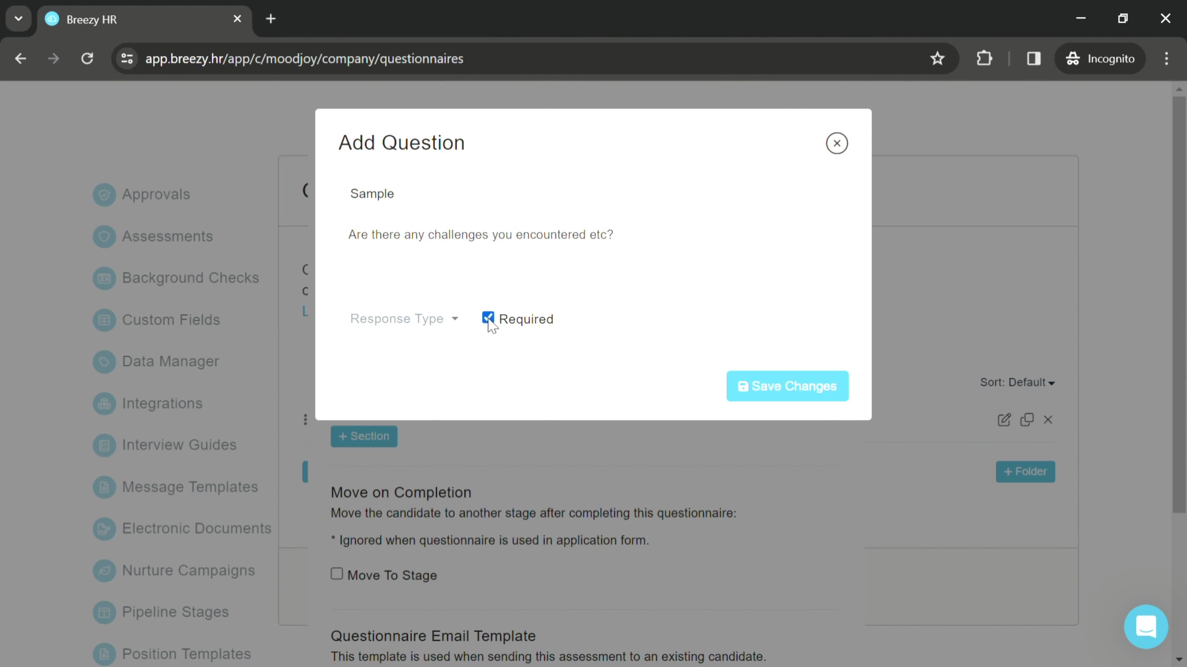 Creating a questionnaire screenshot