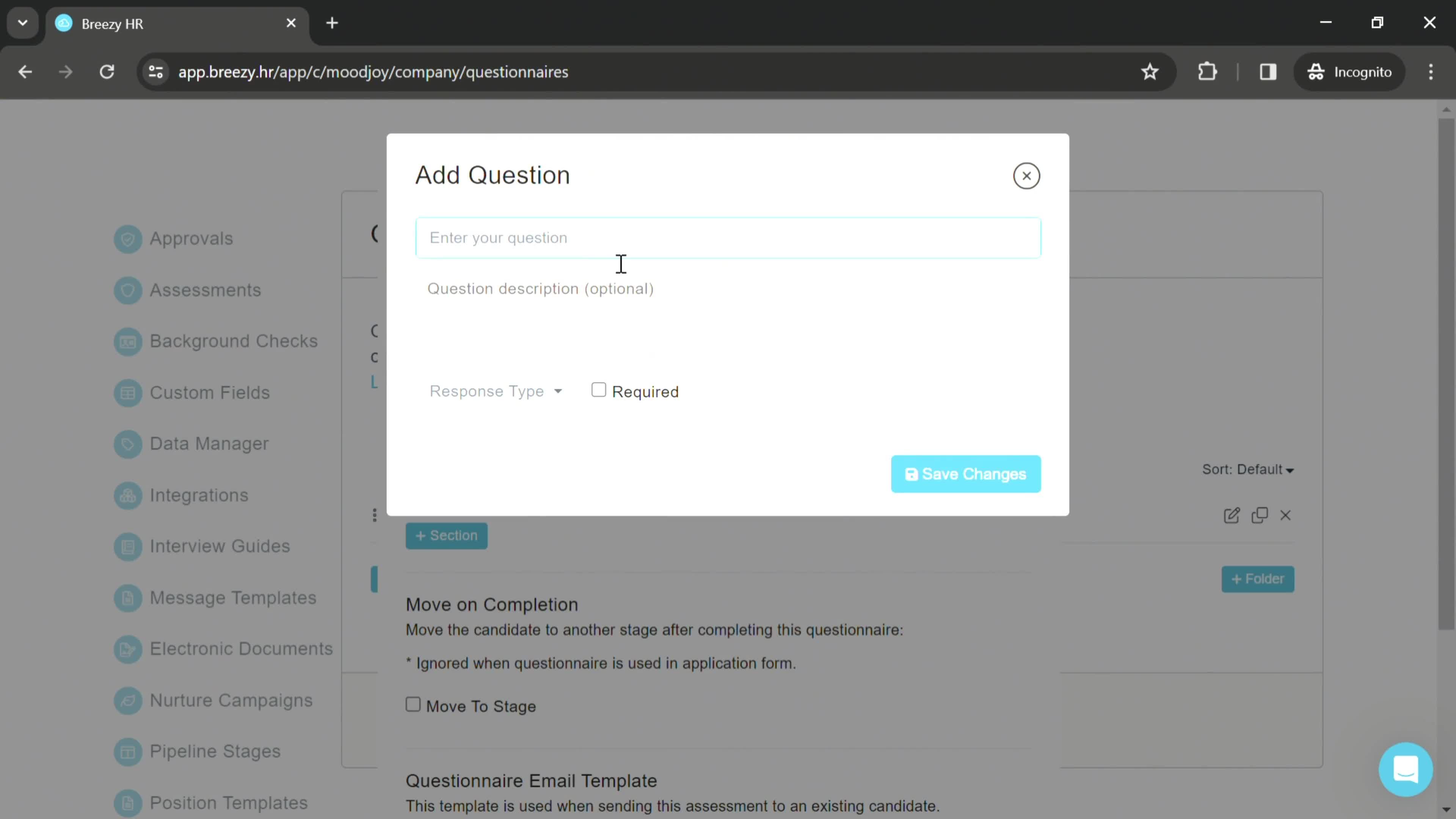 Creating a questionnaire screenshot