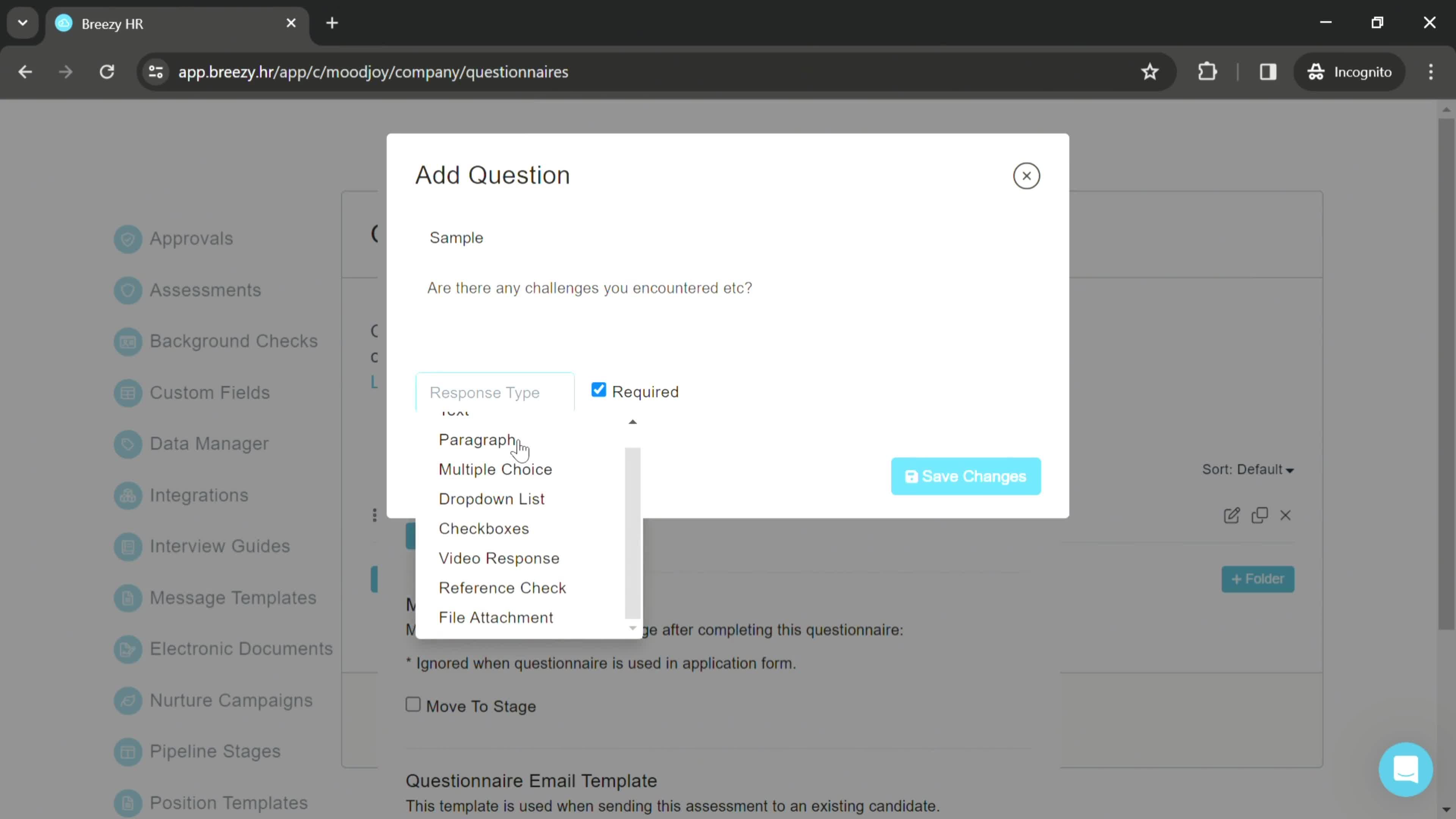 Creating a questionnaire screenshot