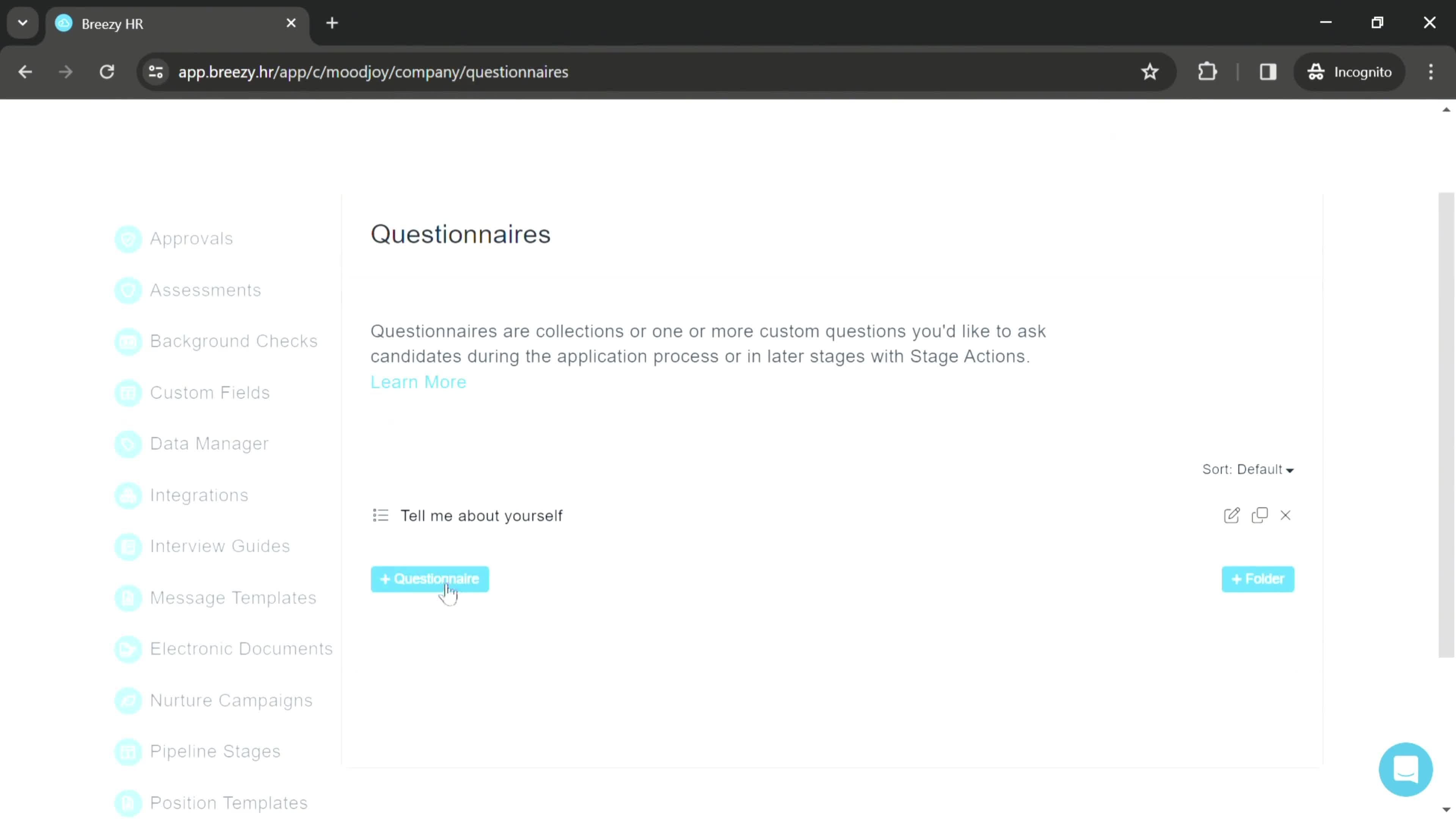 Creating a questionnaire screenshot