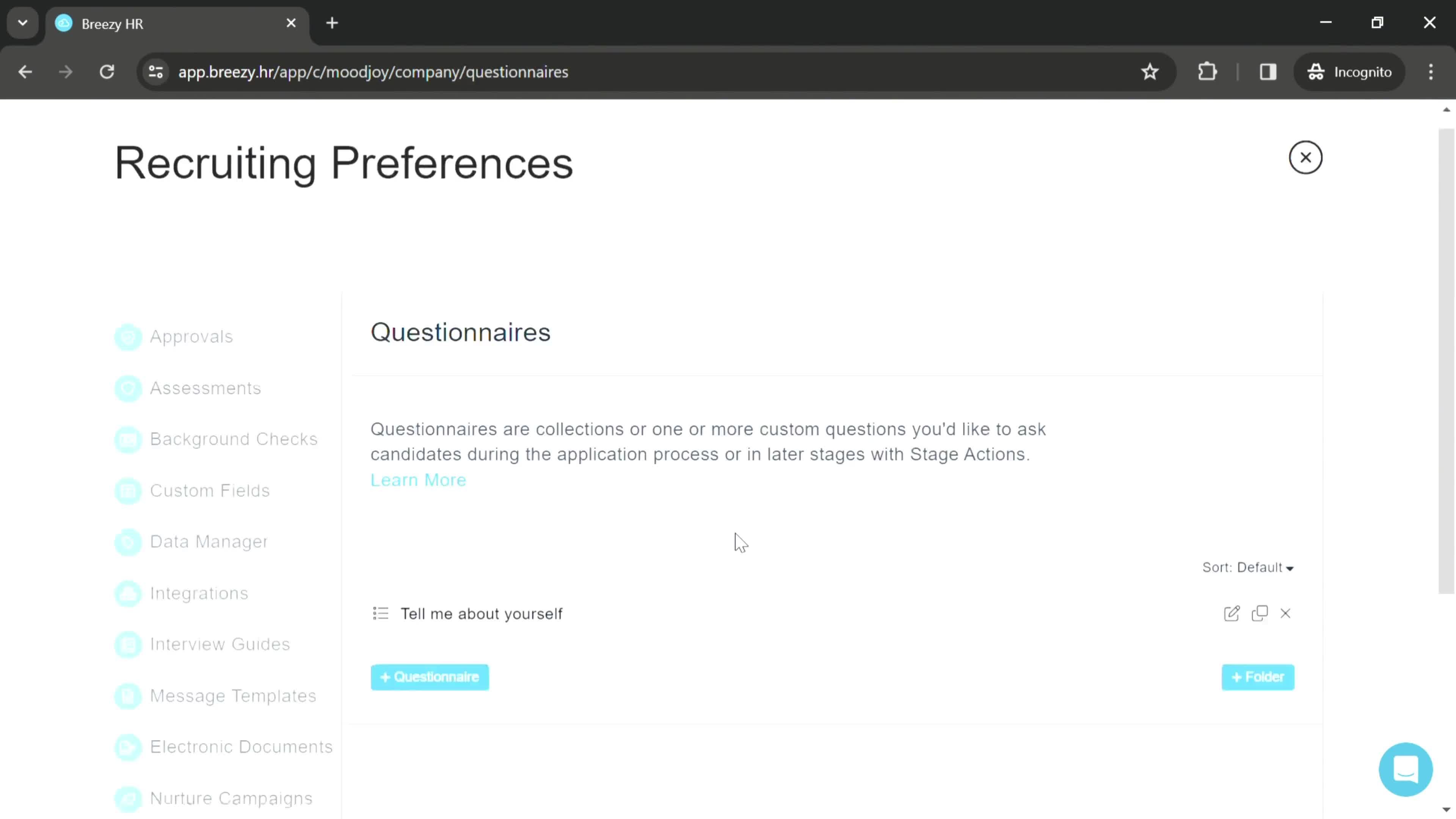 Creating a questionnaire screenshot